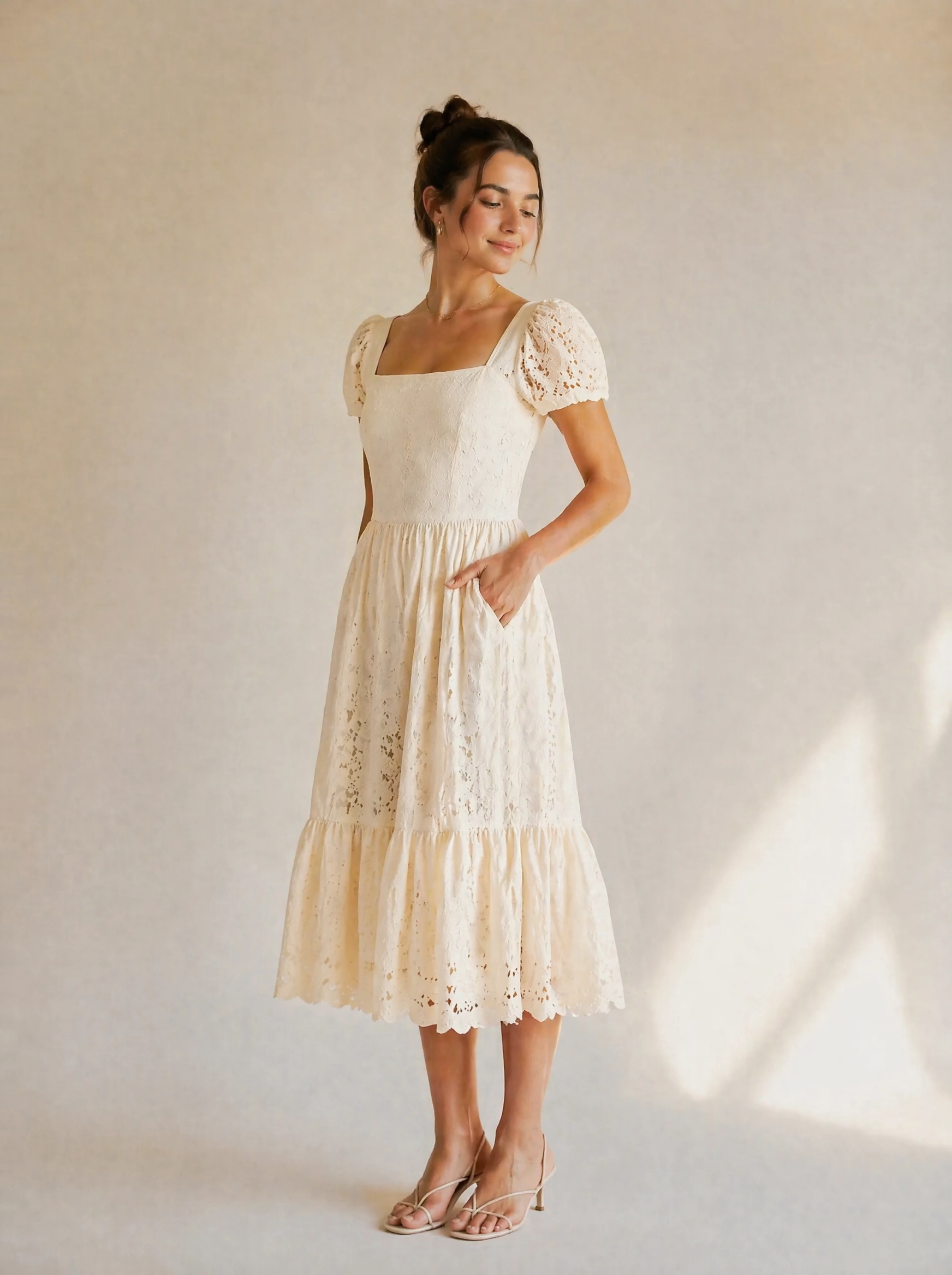 Eyelet Lace Puff Sleeve Midi Dress in Cream — 3/4 angle view
