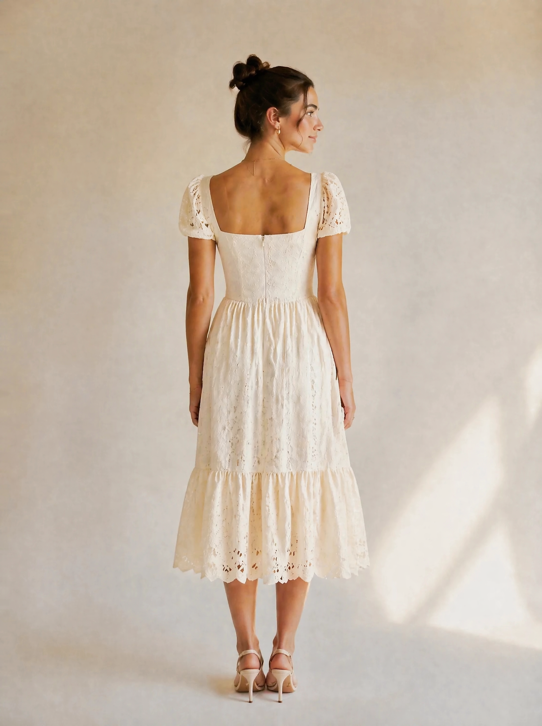 Eyelet Lace Puff Sleeve Midi Dress in Cream — Back view