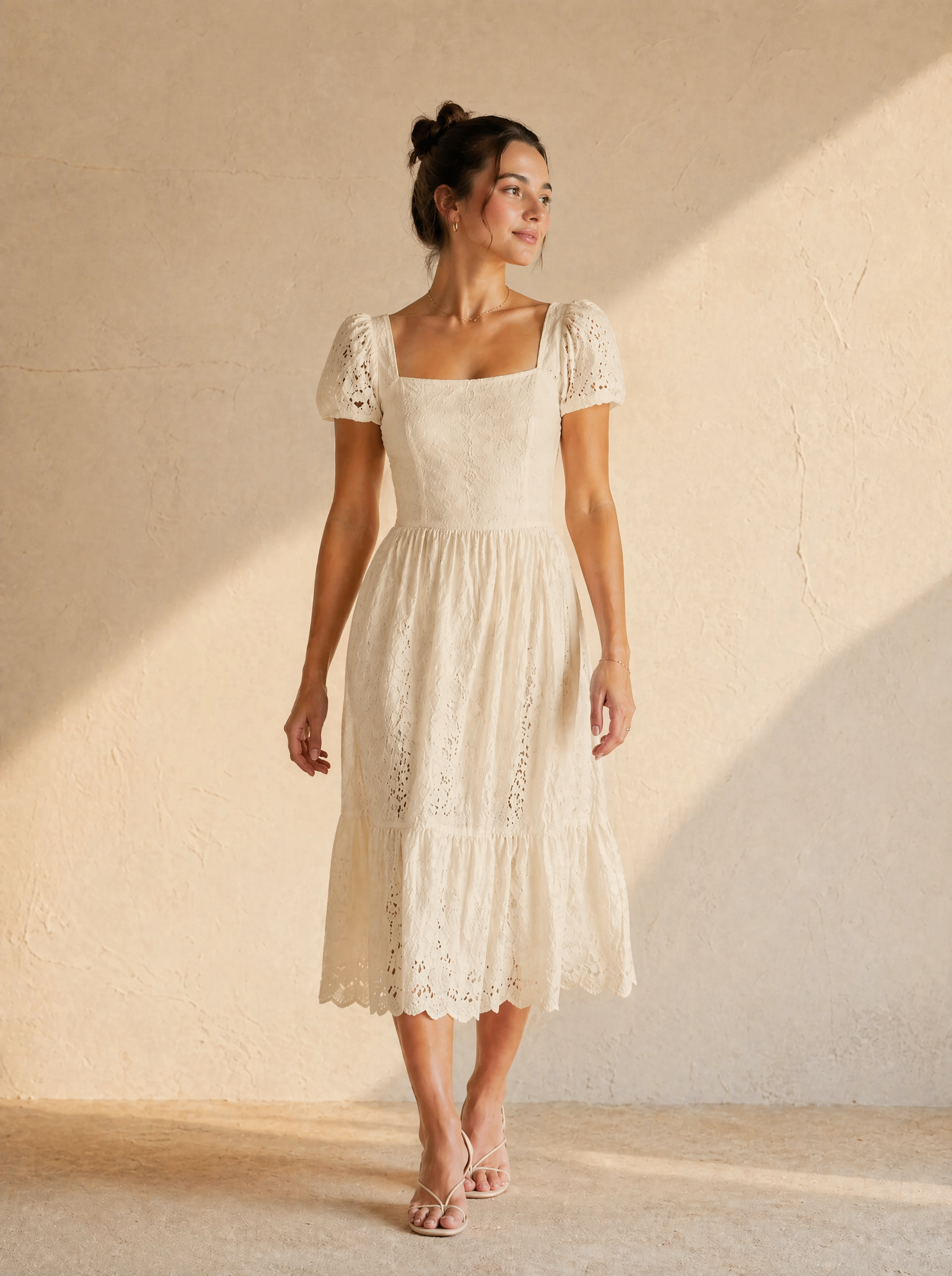 Eyelet Lace Puff Sleeve Midi Dress in Cream — Lifestyle full