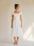 Eyelet Lace Puff Sleeve Midi Dress in White — Front view