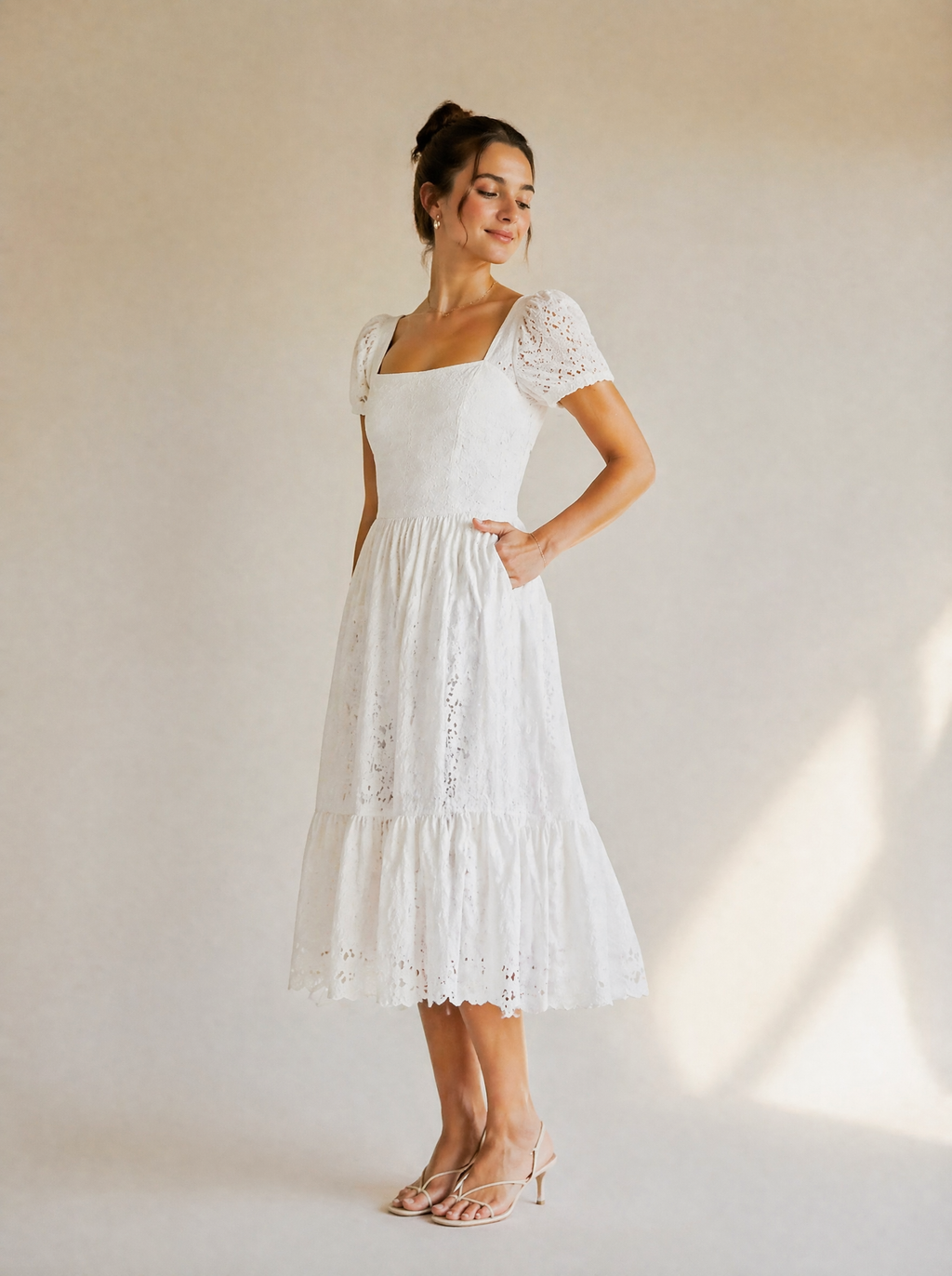 Eyelet Lace Puff Sleeve Midi Dress in White — 3/4 angle view