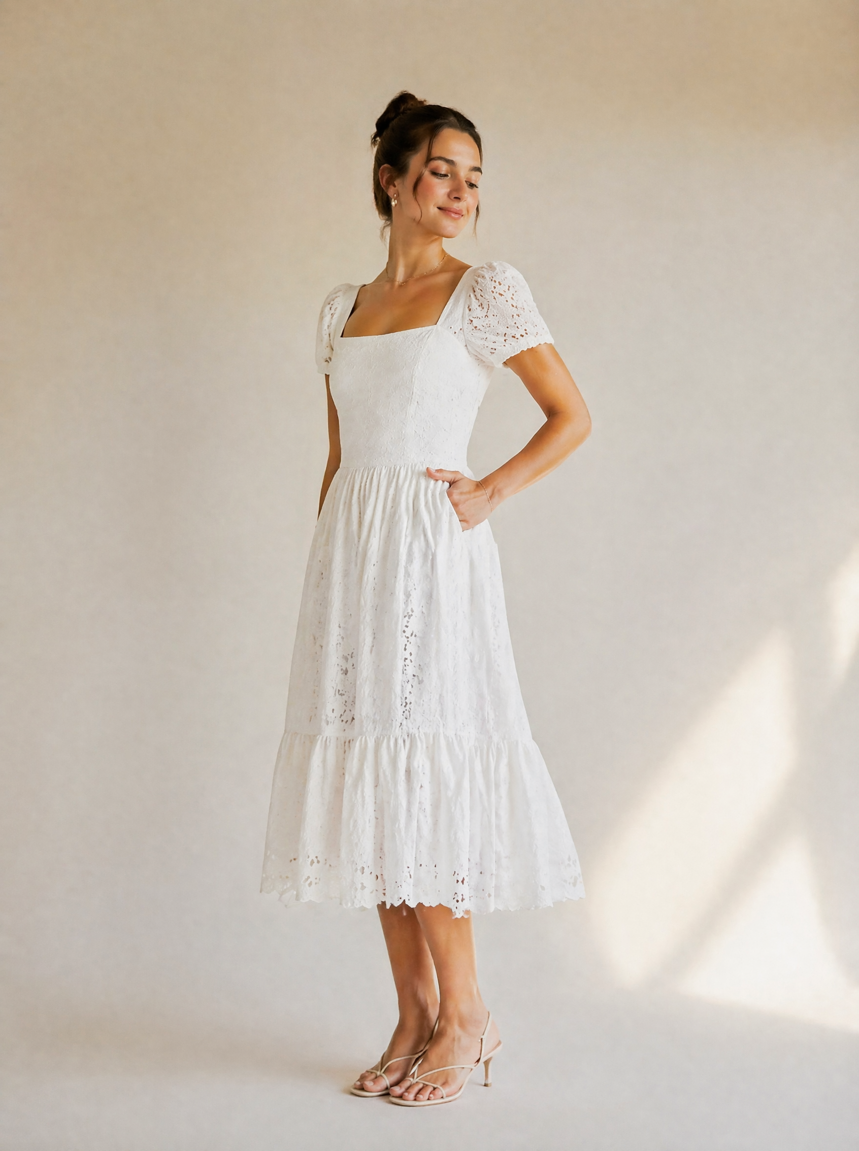 Eyelet Lace Puff Sleeve Midi Dress in White — 3/4 angle view