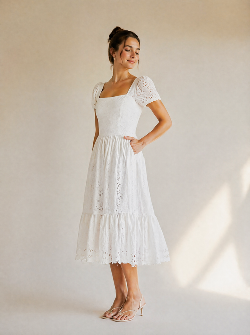 Eyelet Lace Puff Sleeve Midi Dress in White — 3/4 angle view