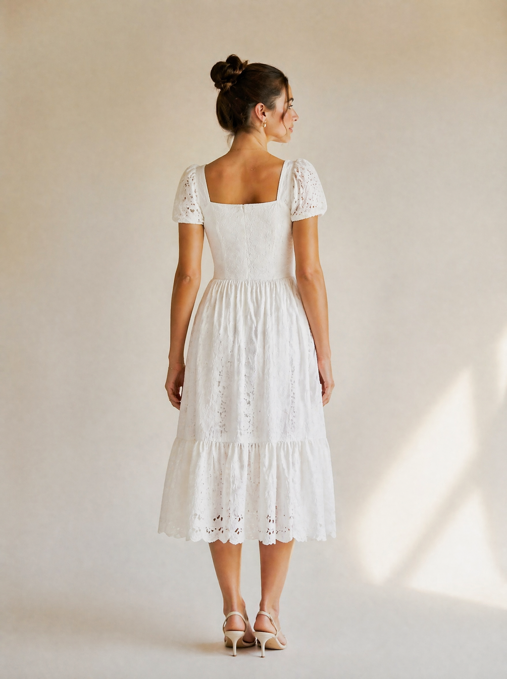 Eyelet Lace Puff Sleeve Midi Dress in White — Back view