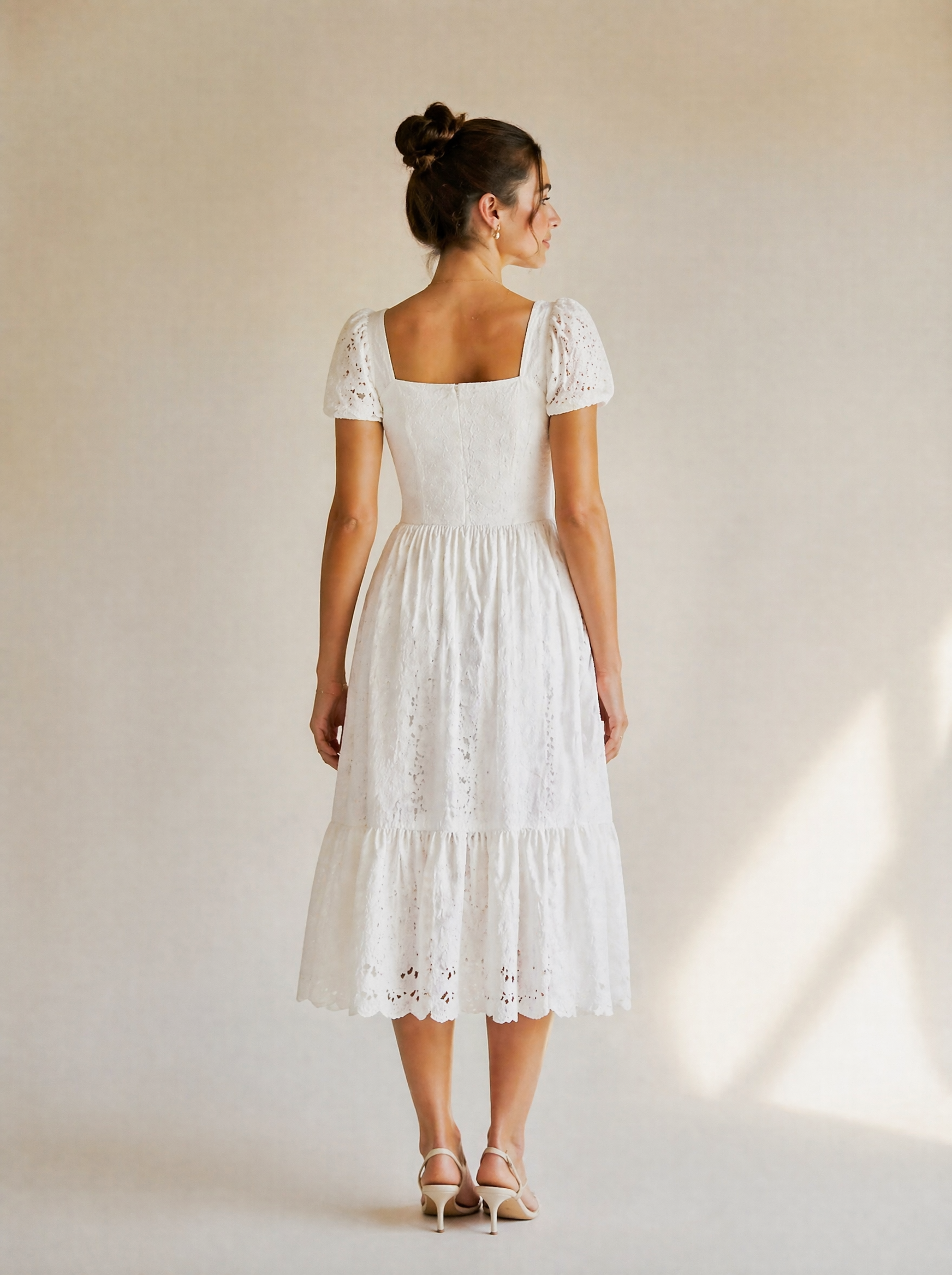 Eyelet Lace Puff Sleeve Midi Dress in White — Back view