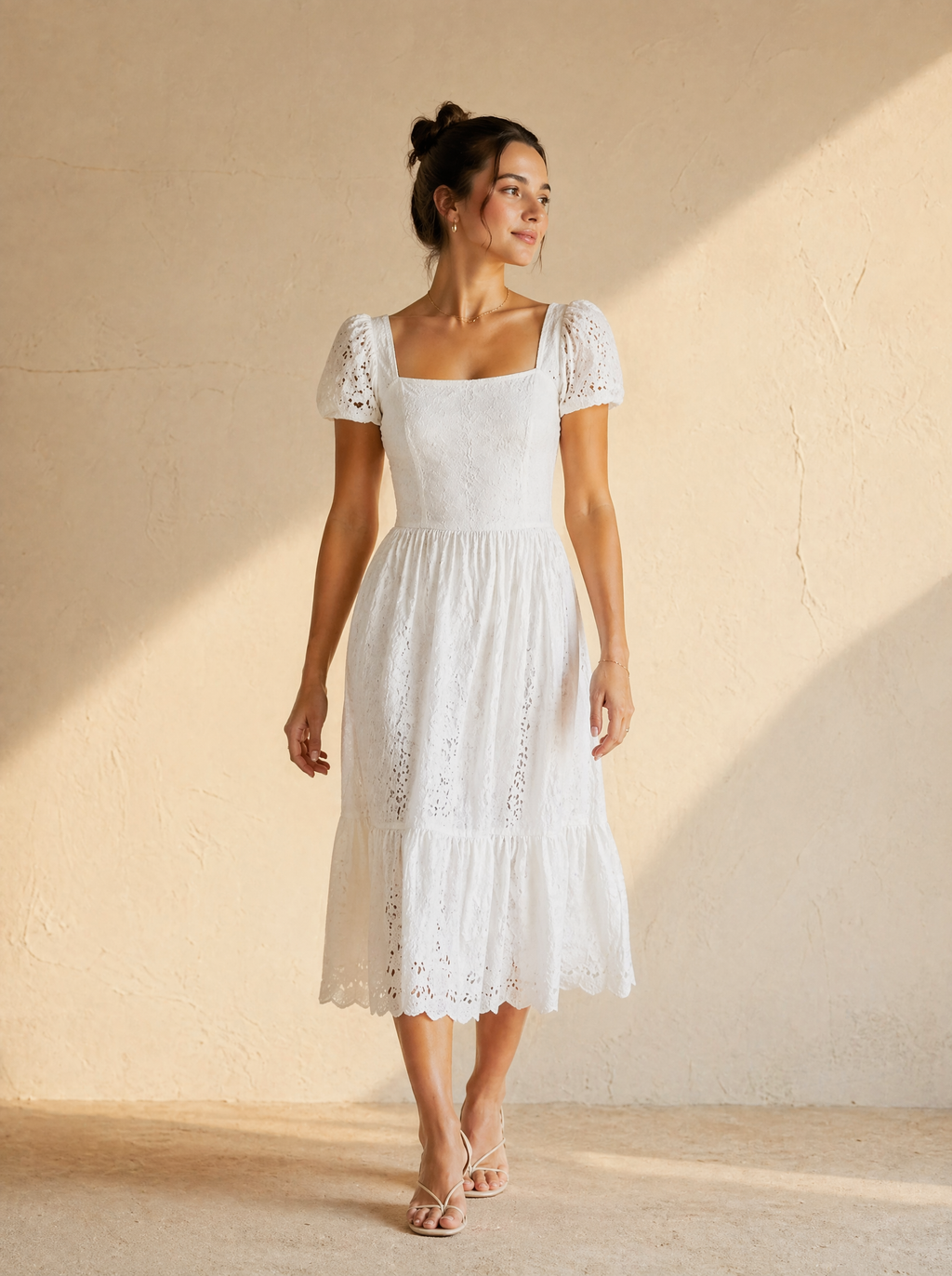Eyelet Lace Puff Sleeve Midi Dress in White — Lifestyle full