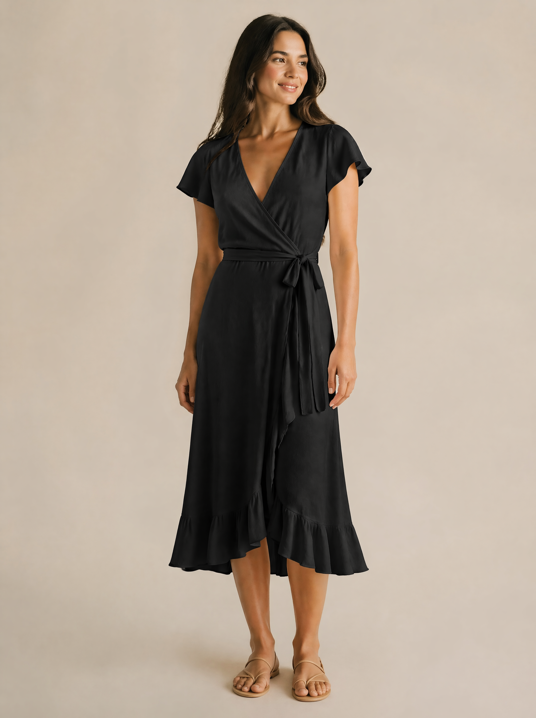 Wrap Midi Dress in Black — Front view