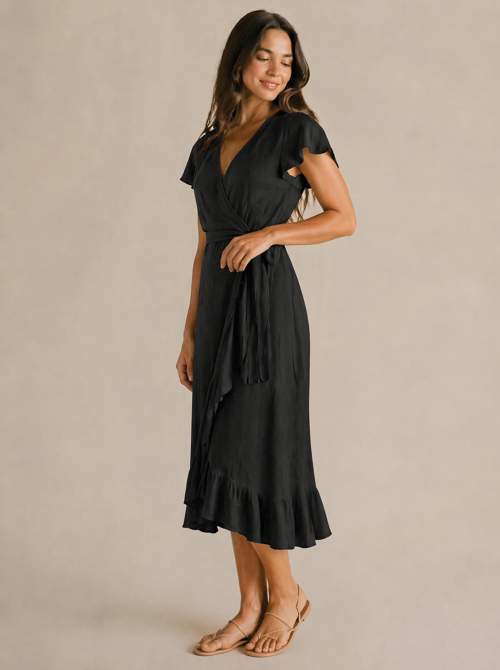 Wrap Midi Dress in Black — 3/4 angle view