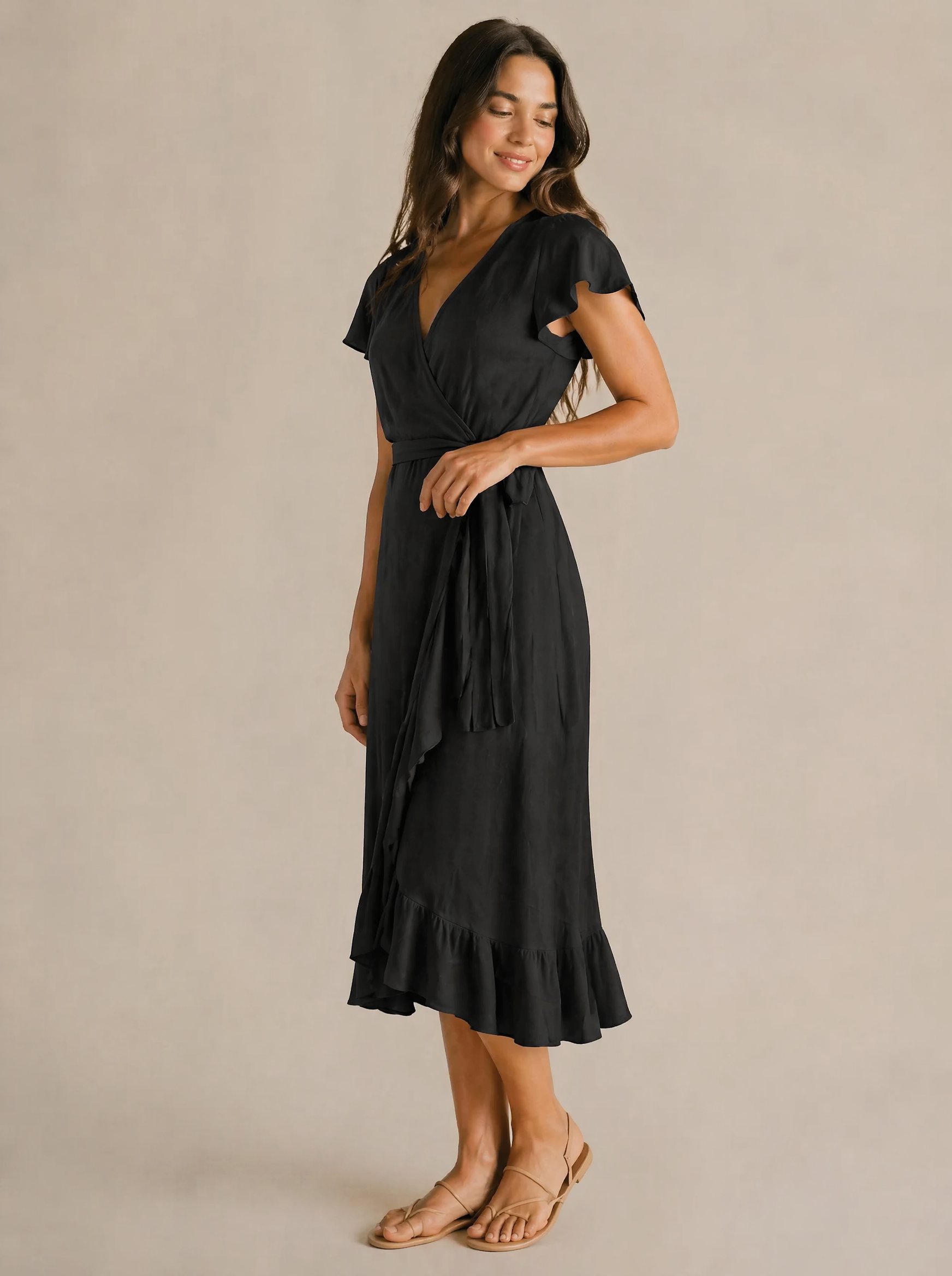 Wrap Midi Dress in Black — 3/4 angle view