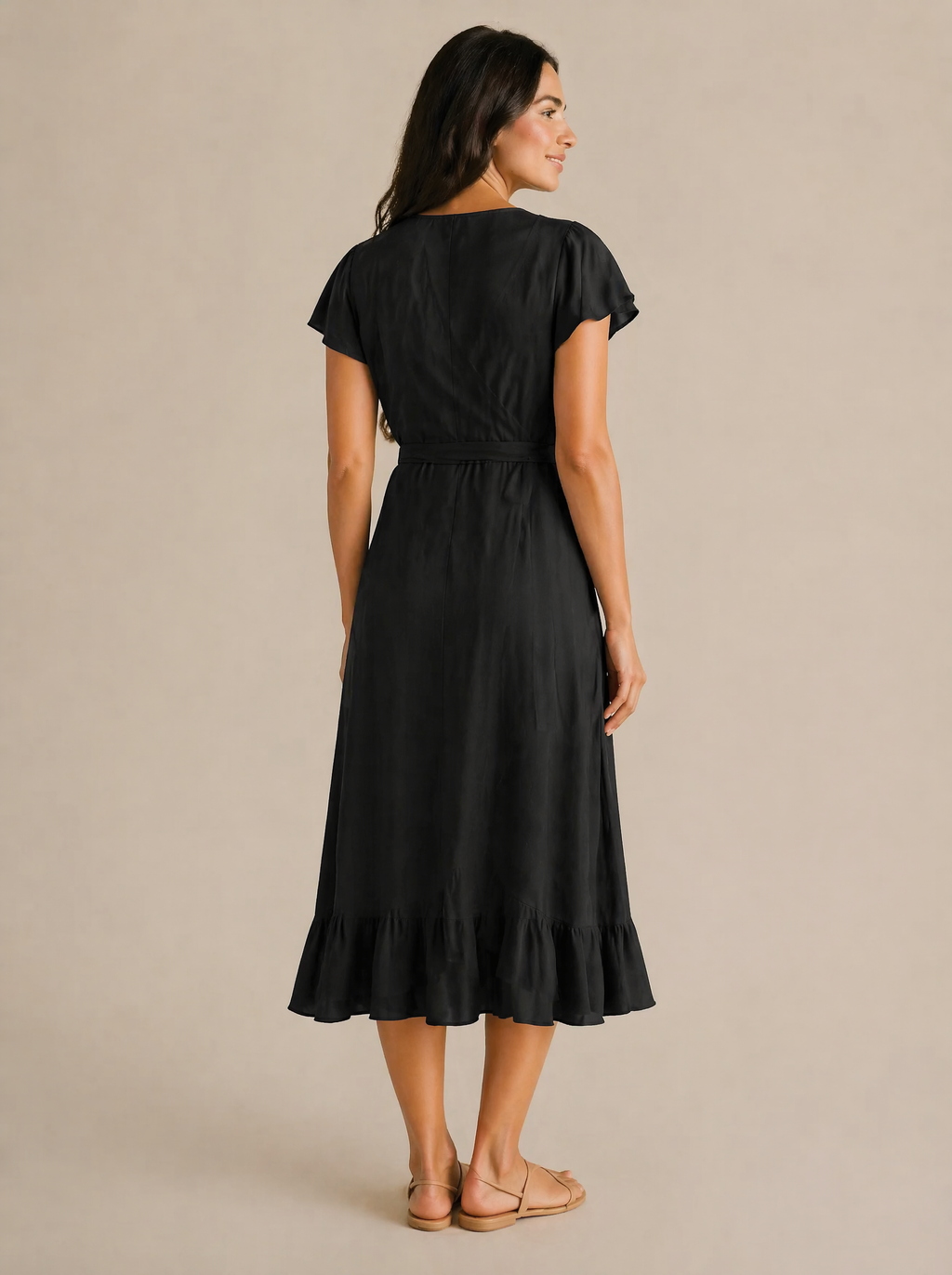 Wrap Midi Dress in Black — Back view