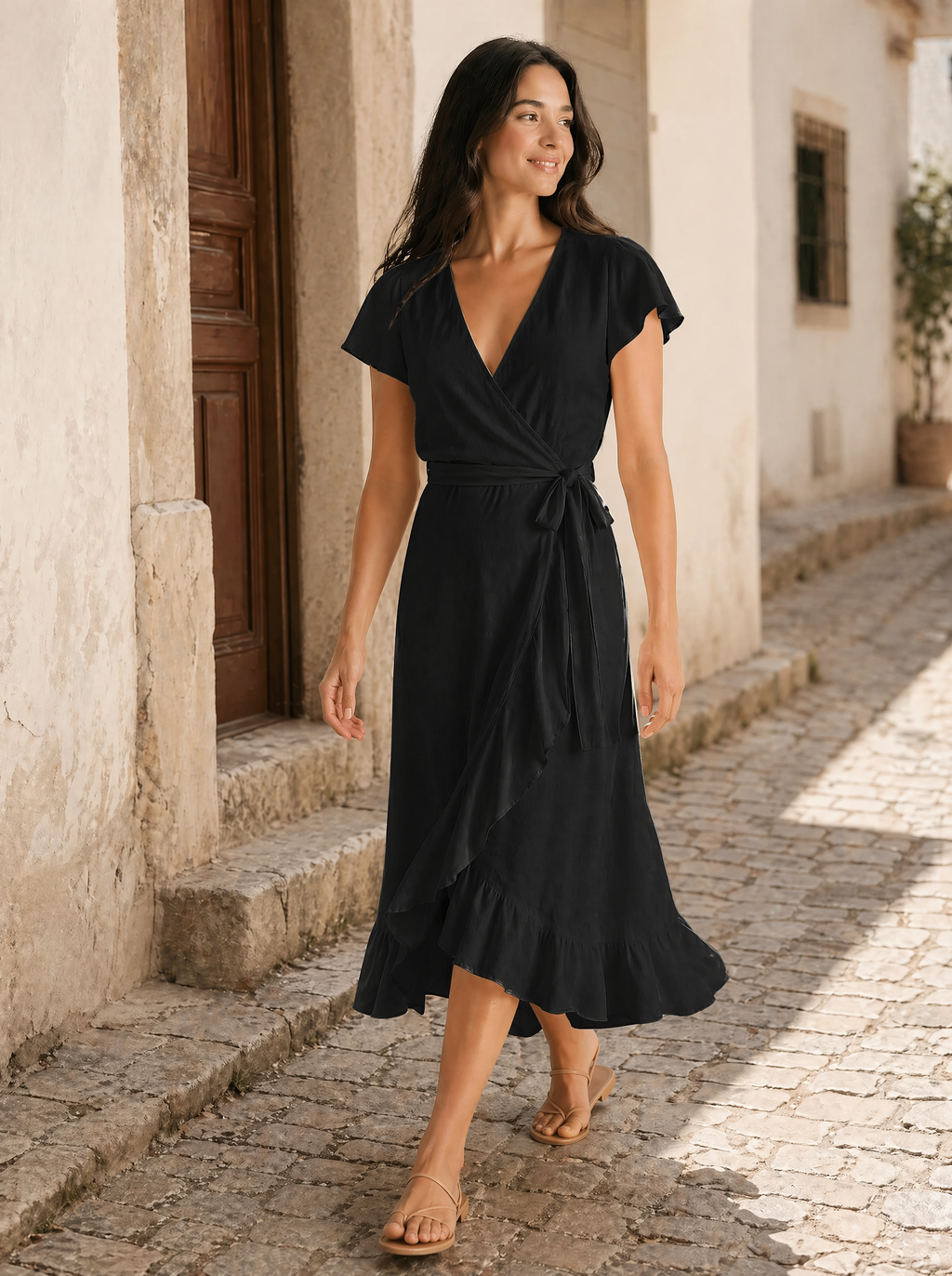 Wrap Midi Dress in Black — Lifestyle full