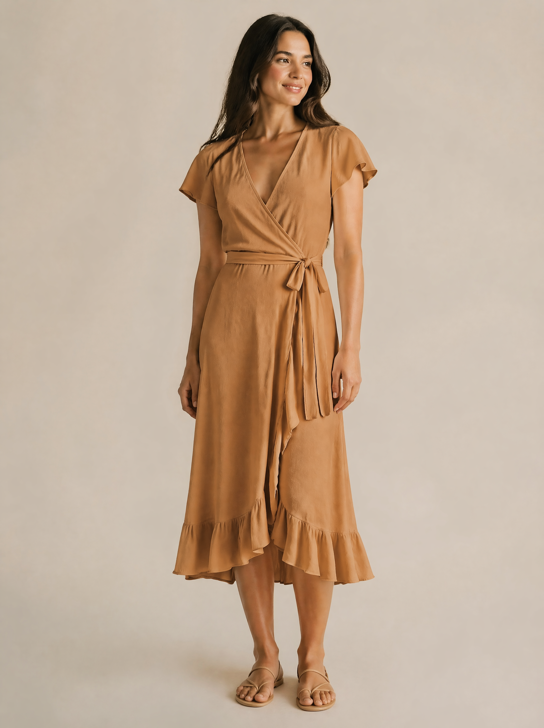 Wrap Midi Dress in Caramel/Tan — Front view