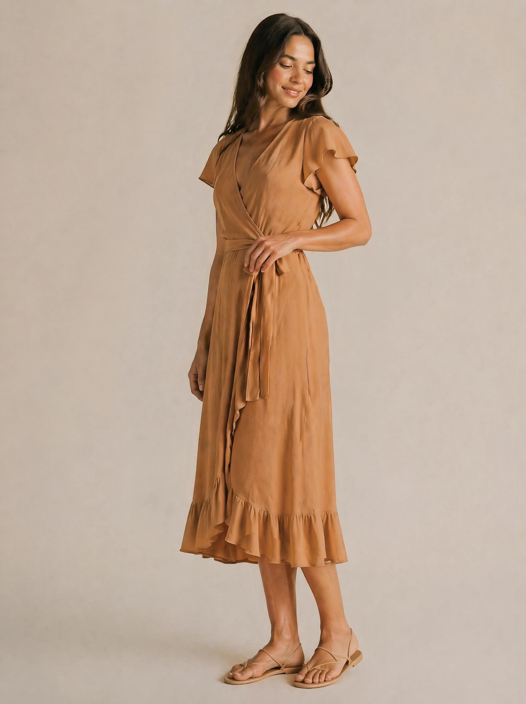 Wrap Midi Dress in Caramel/Tan — 3/4 angle view