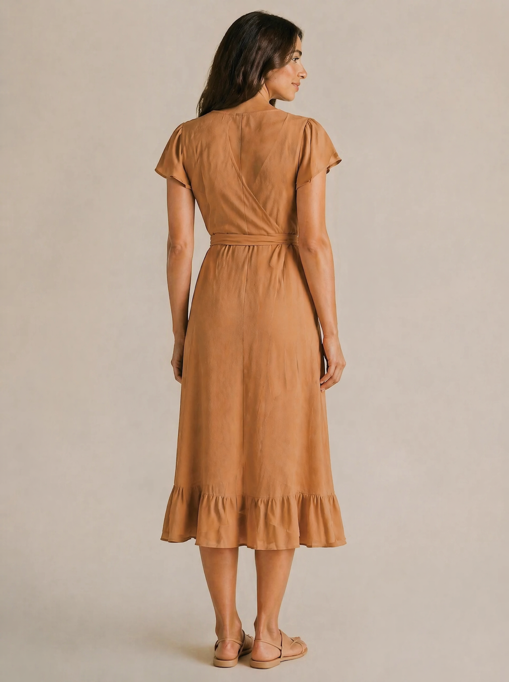 Wrap Midi Dress in Caramel/Tan — Back view