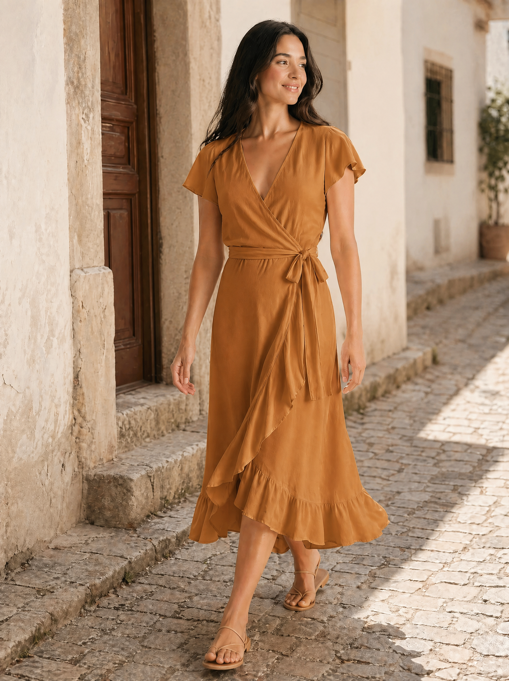 Wrap Midi Dress in Caramel/Tan — Lifestyle full