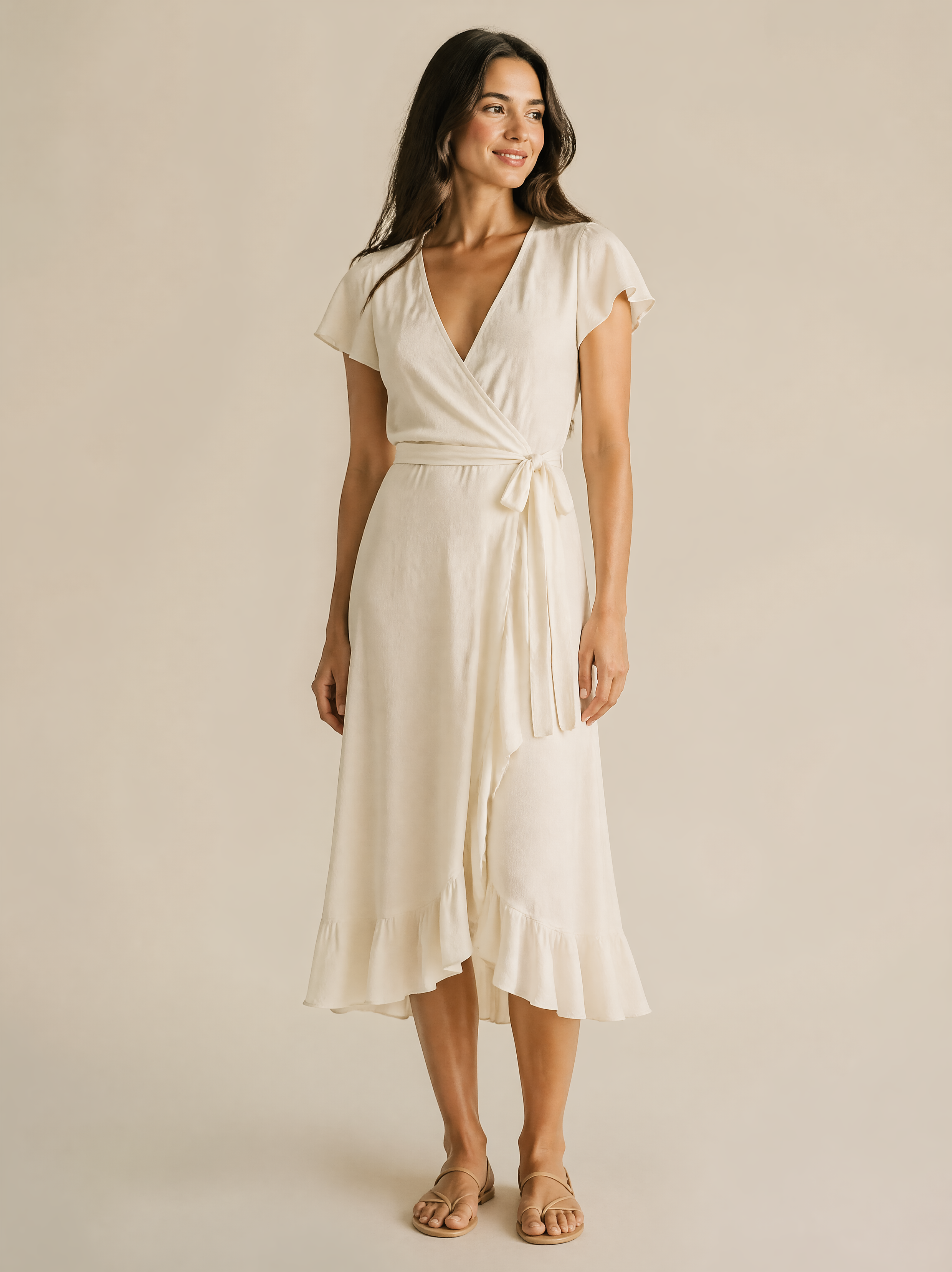 Wrap Midi Dress in Ivory — Front view
