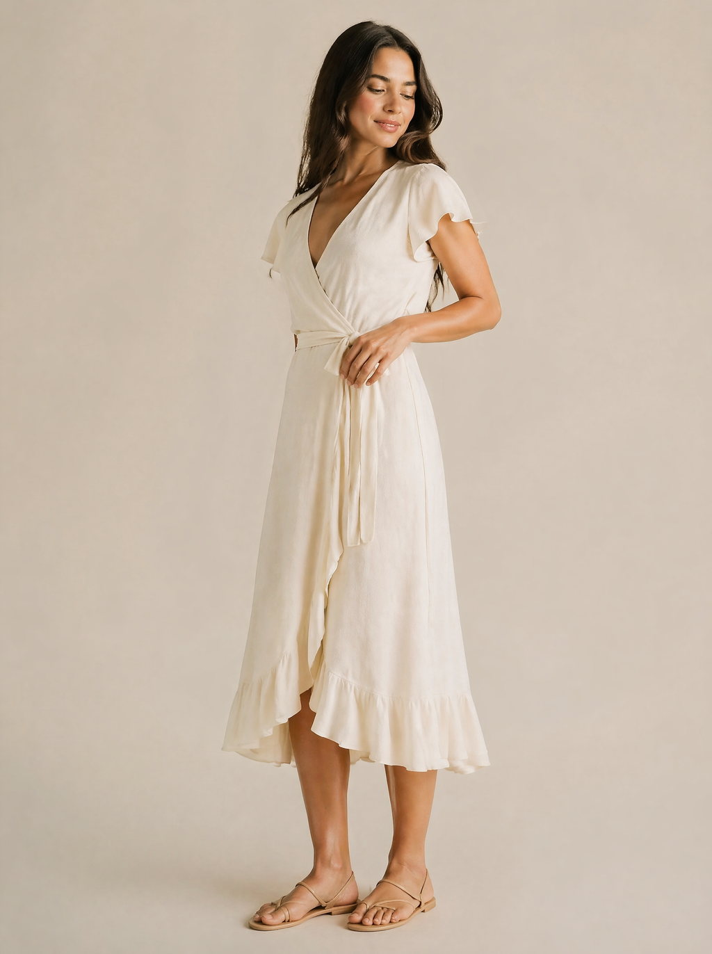 Wrap Midi Dress in Ivory — 3/4 angle view