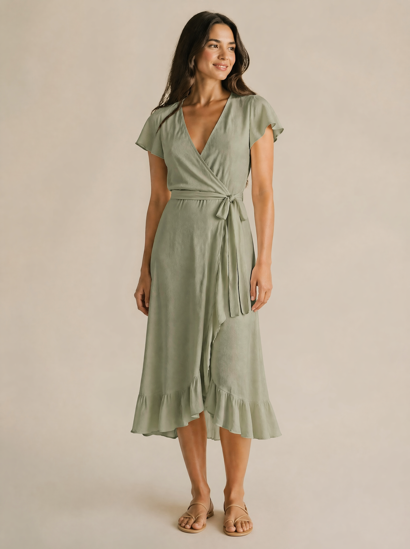 Wrap Midi Dress in Sage Green — Front view