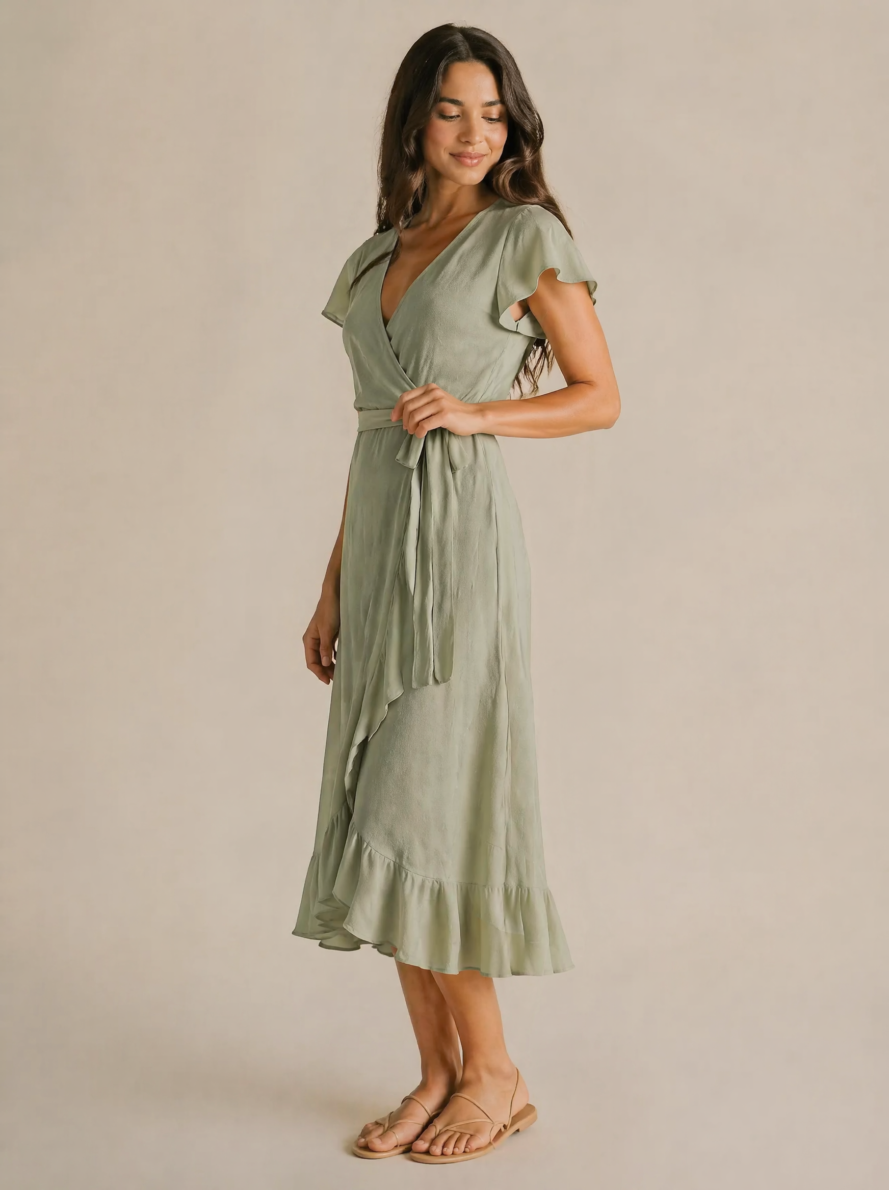 Wrap Midi Dress in Sage Green — 3/4 angle view