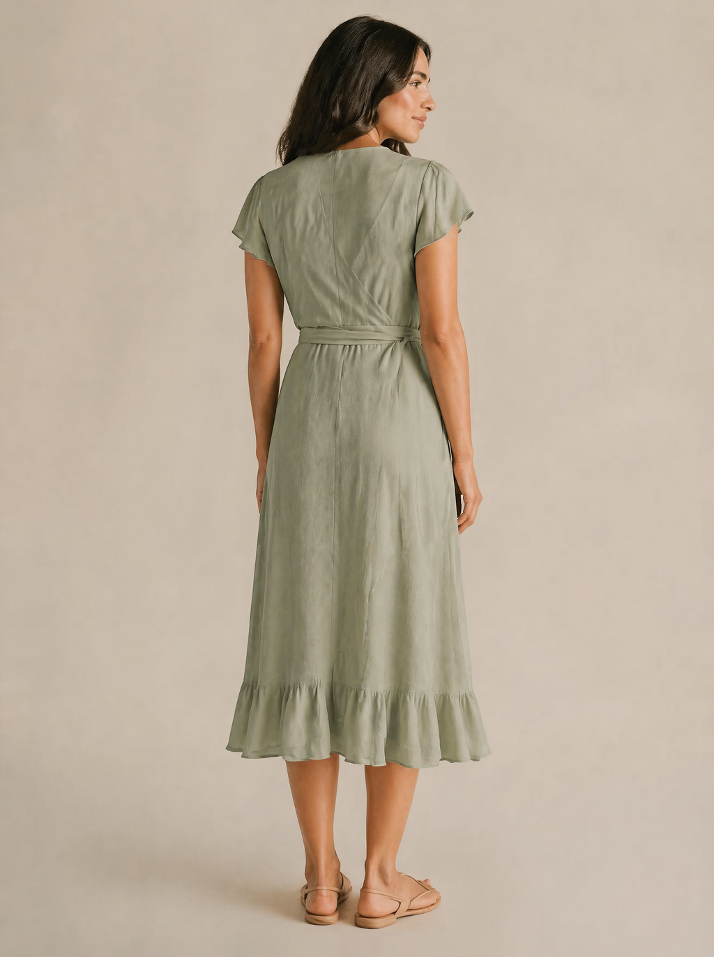 Wrap Midi Dress in Sage Green — Back view