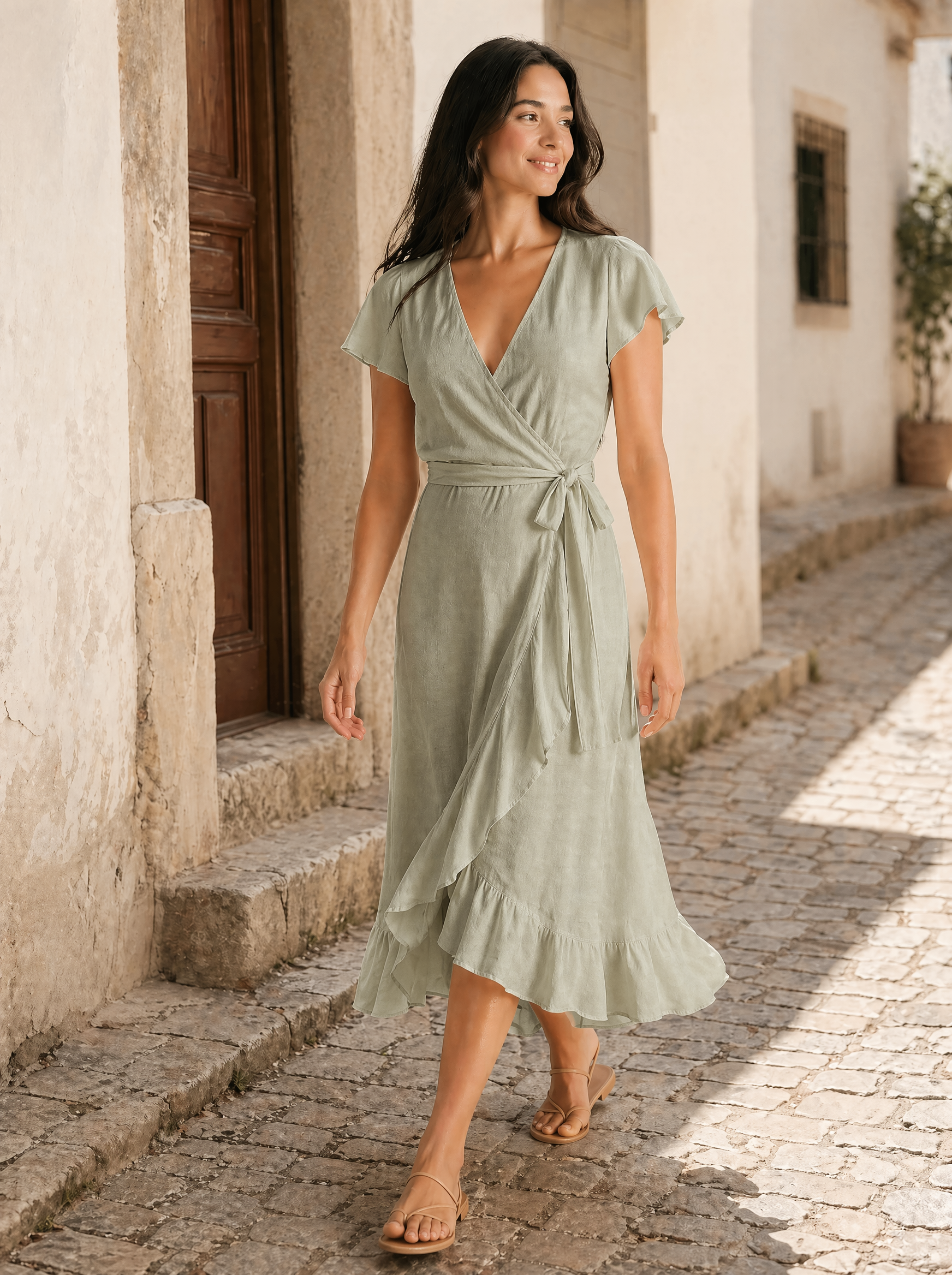 Wrap Midi Dress in Sage Green — Lifestyle full