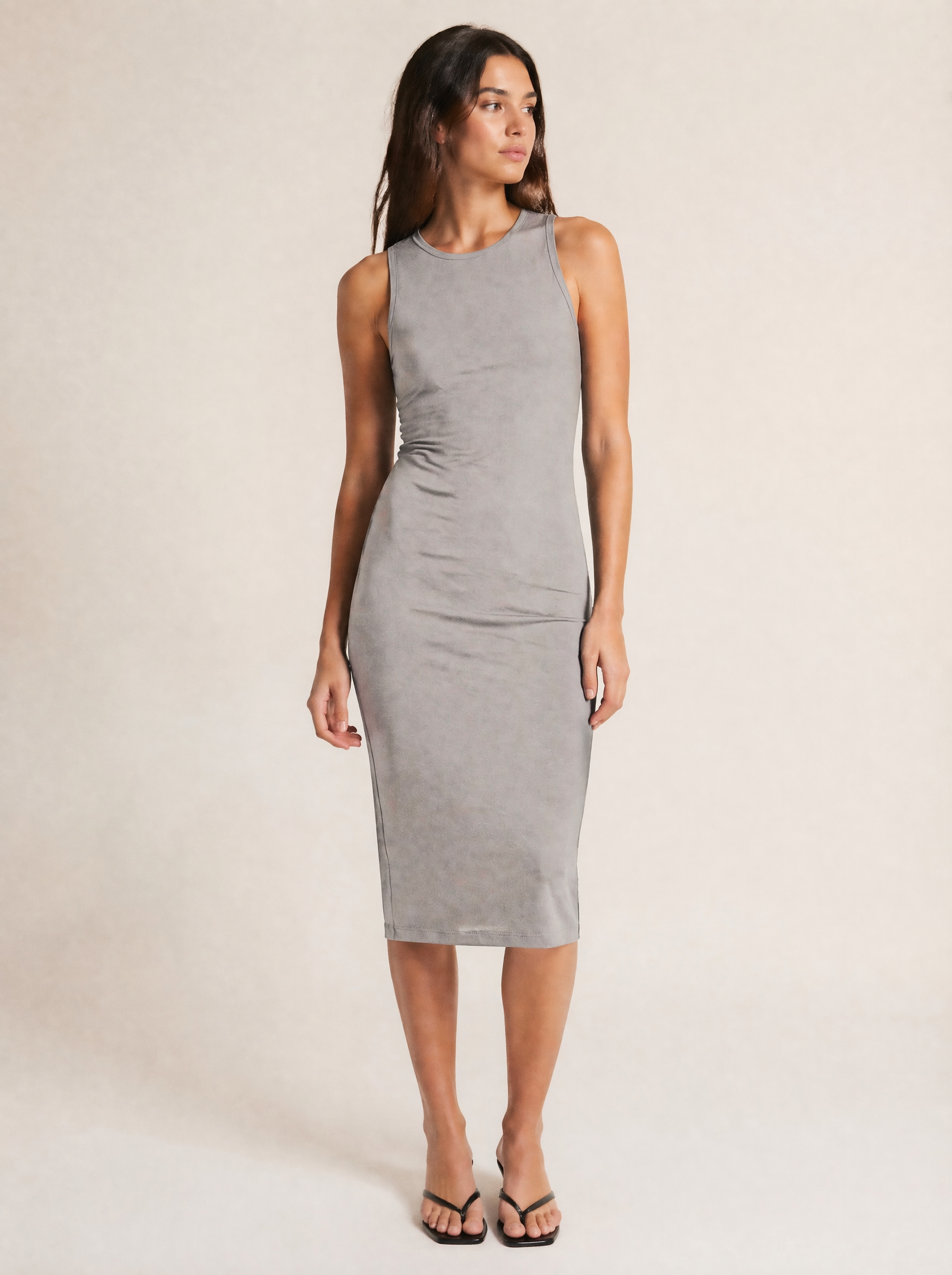 Sleeveless Bodycon Midi Dress in Stone Grey — Front view
