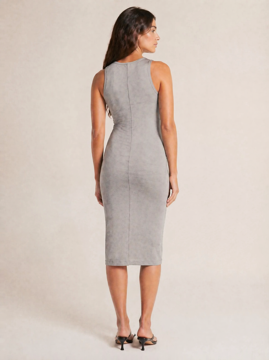 Sleeveless Bodycon Midi Dress in Stone Grey — Back view