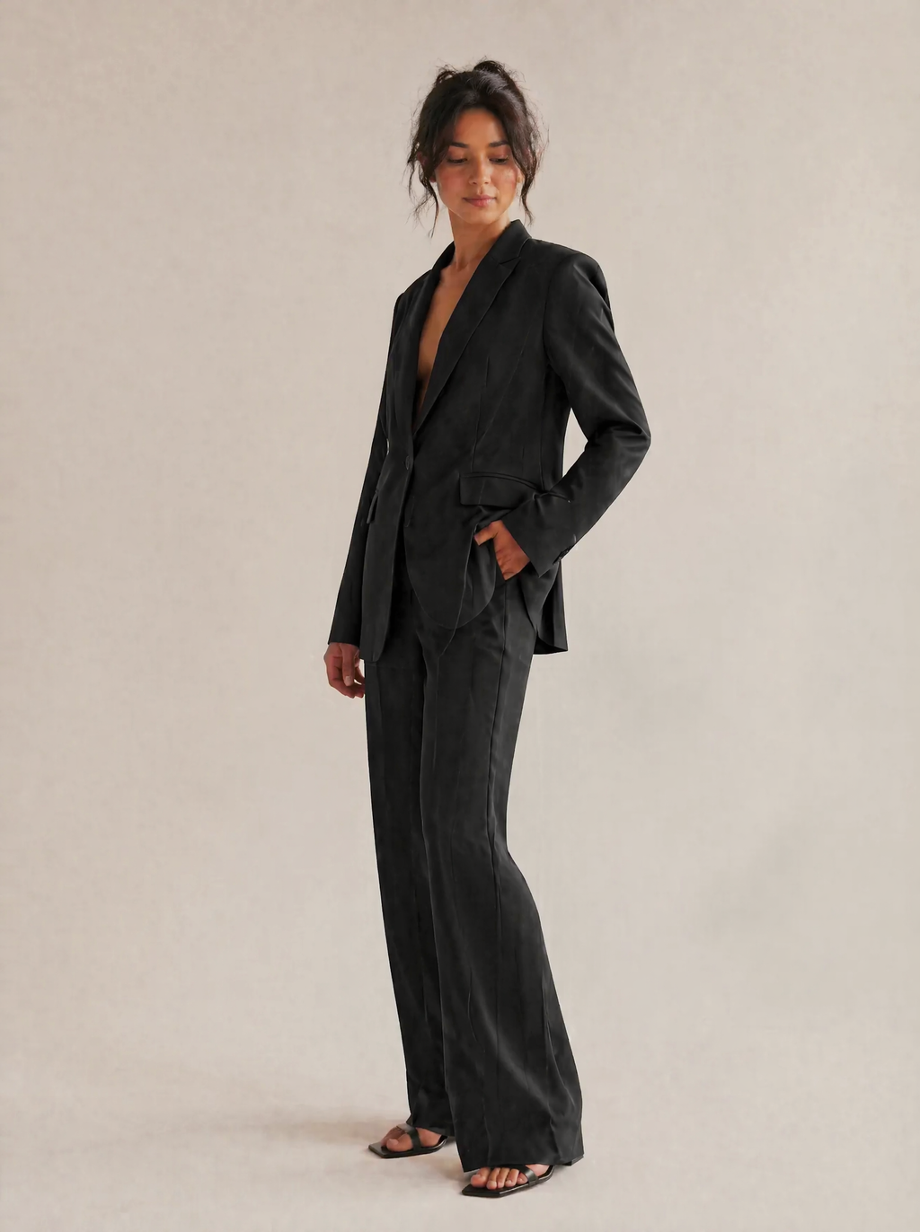 Structured Blazer & Trouser Set in Black — 3/4 angle view