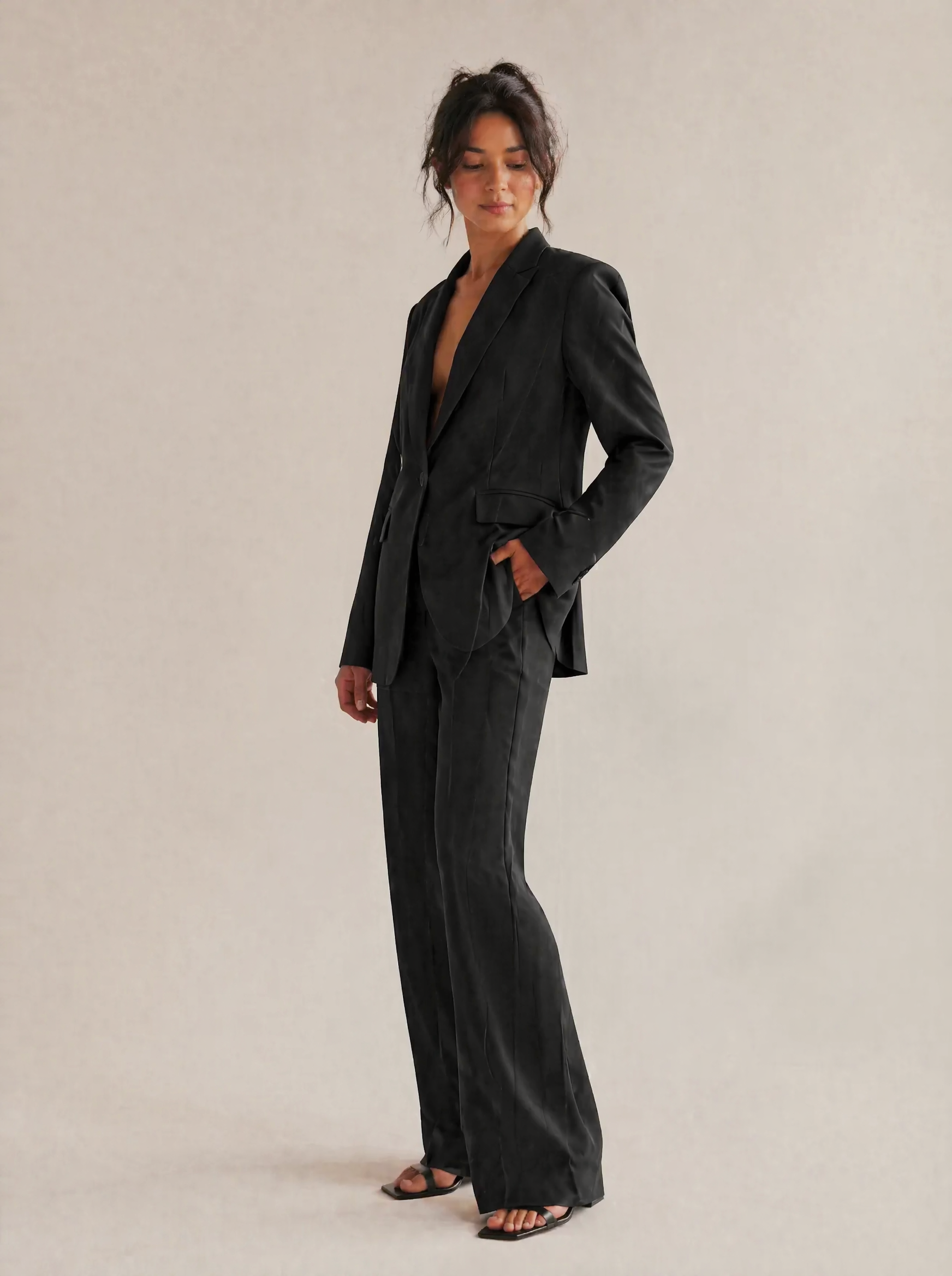 Structured Blazer & Trouser Set in Black — 3/4 angle view