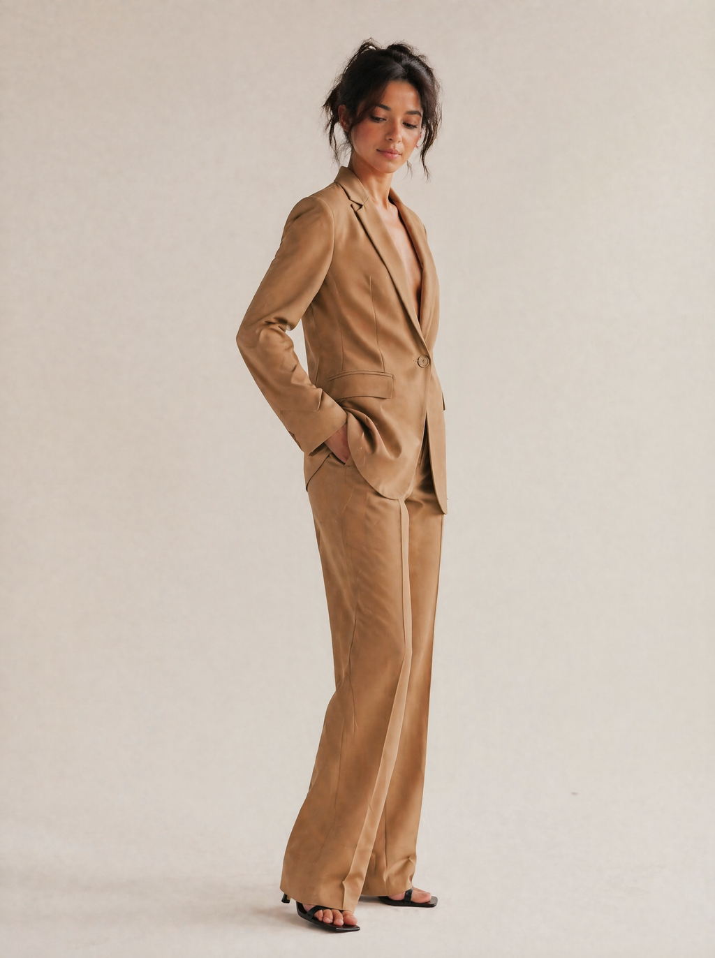 Structured Blazer & Trouser Set in Camel — 3/4 angle view