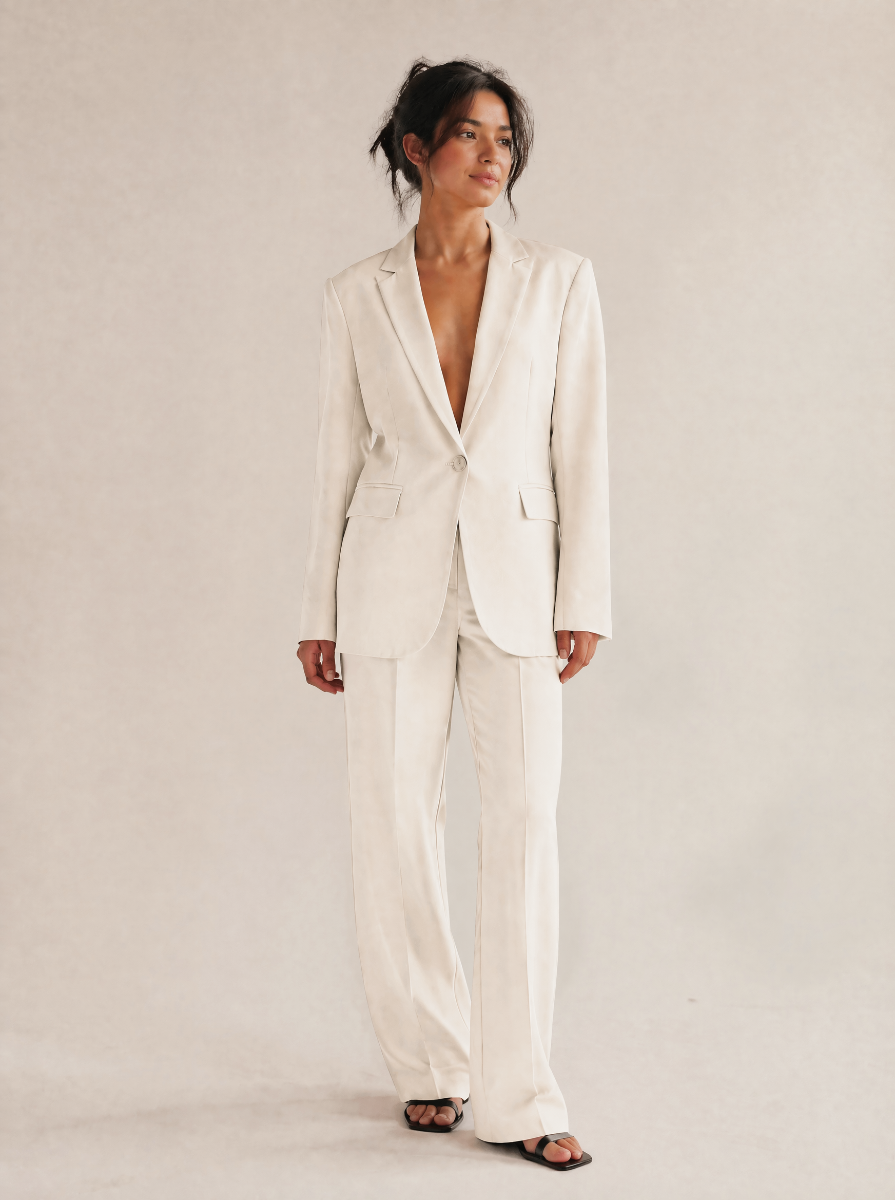 Structured Blazer & Trouser Set in Cream/Ivory — Front view