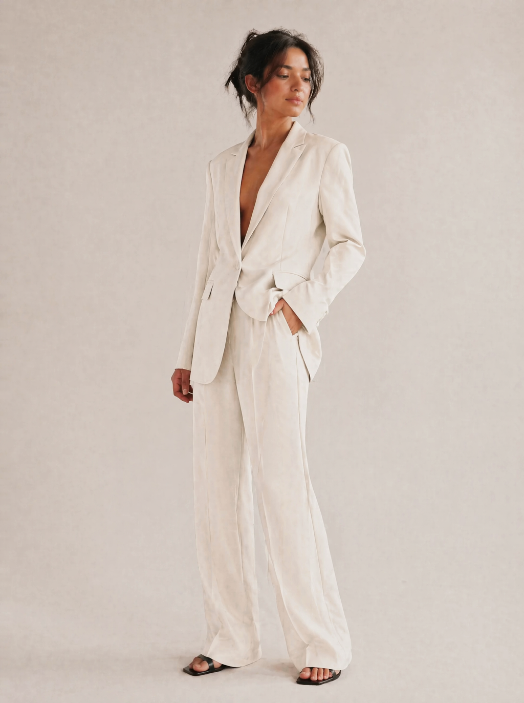 Structured Blazer & Trouser Set in Cream/Ivory — 3/4 angle view