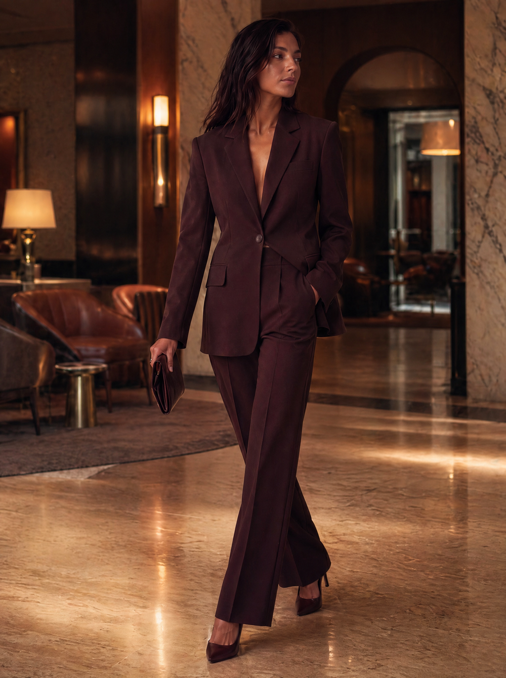 Structured Blazer & Trouser Set in Mahogany — Lifestyle full