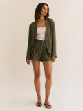 Linen Blazer & Shorts Set in Olive Green — Front view