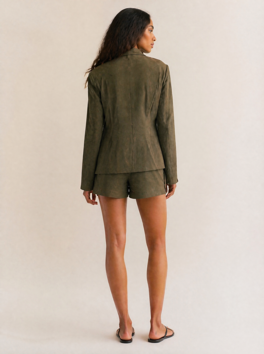 Linen Blazer & Shorts Set in Olive Green — Back view