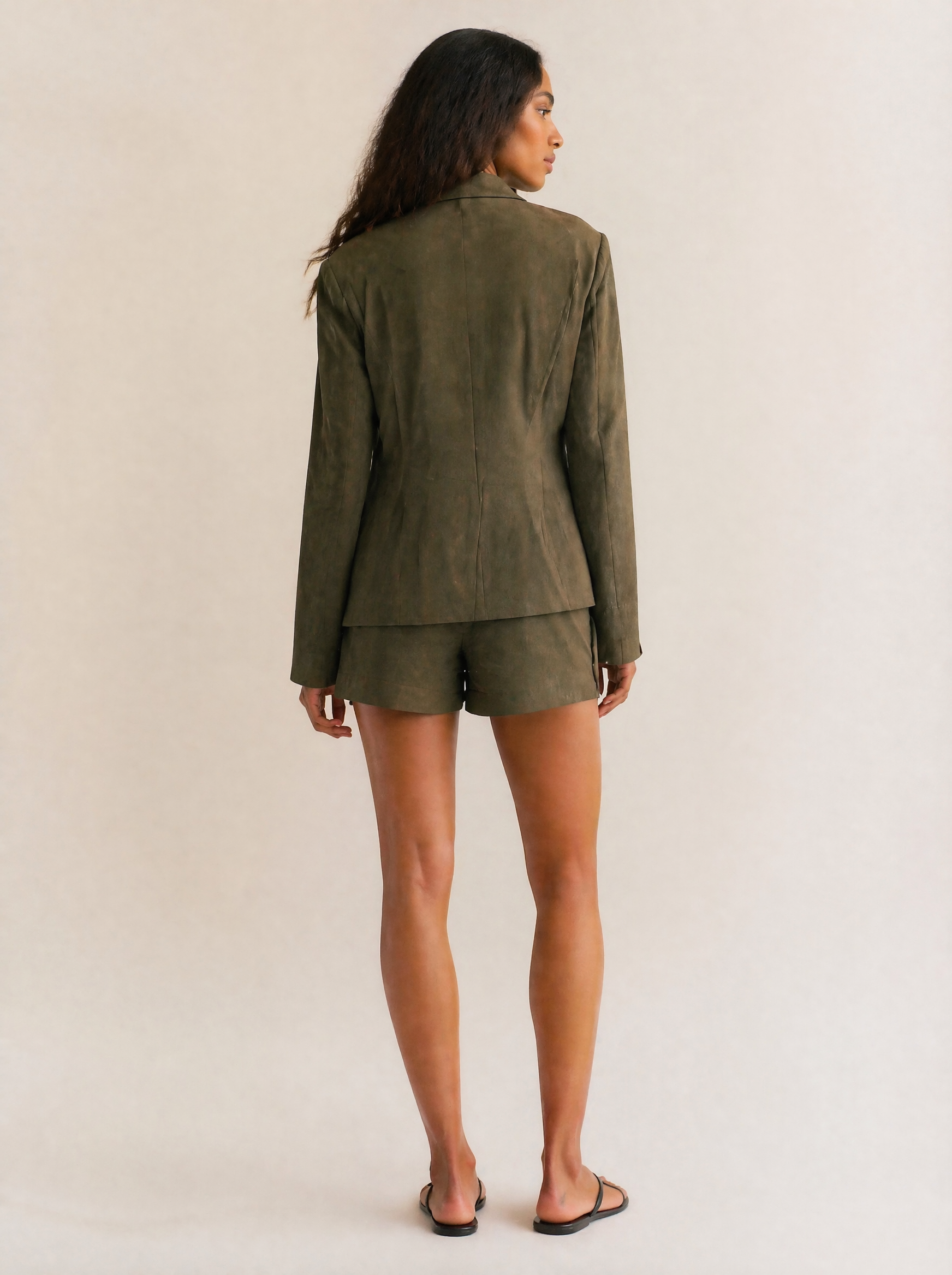 Linen Blazer & Shorts Set in Olive Green — Back view
