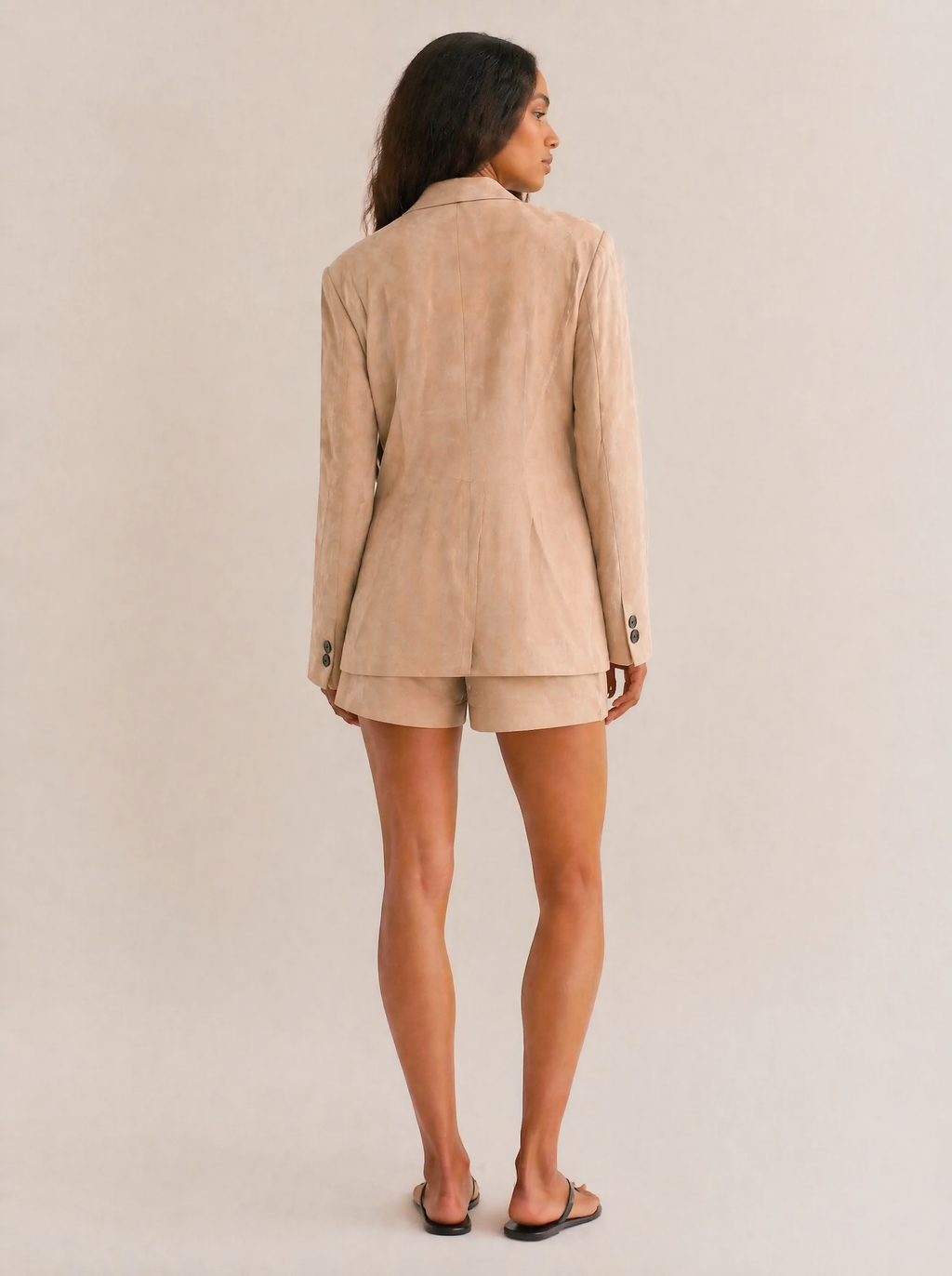 Linen Blazer & Shorts Set in Sand/Tan — Back view