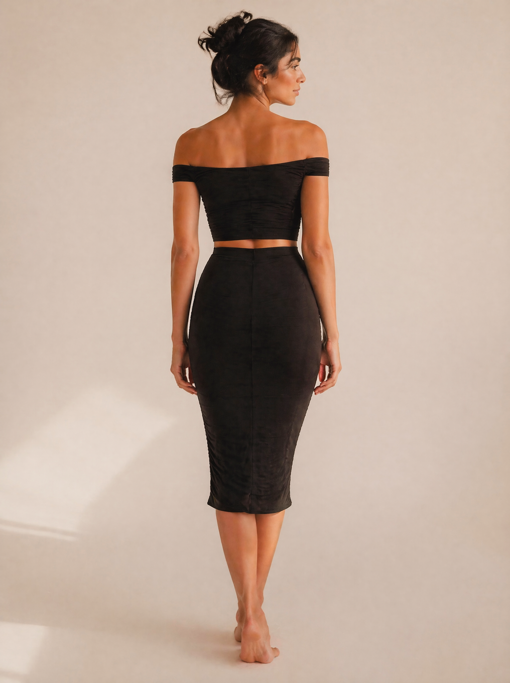 Off-Shoulder Ruched Crop Top & Midi Skirt Set in Black — Back view