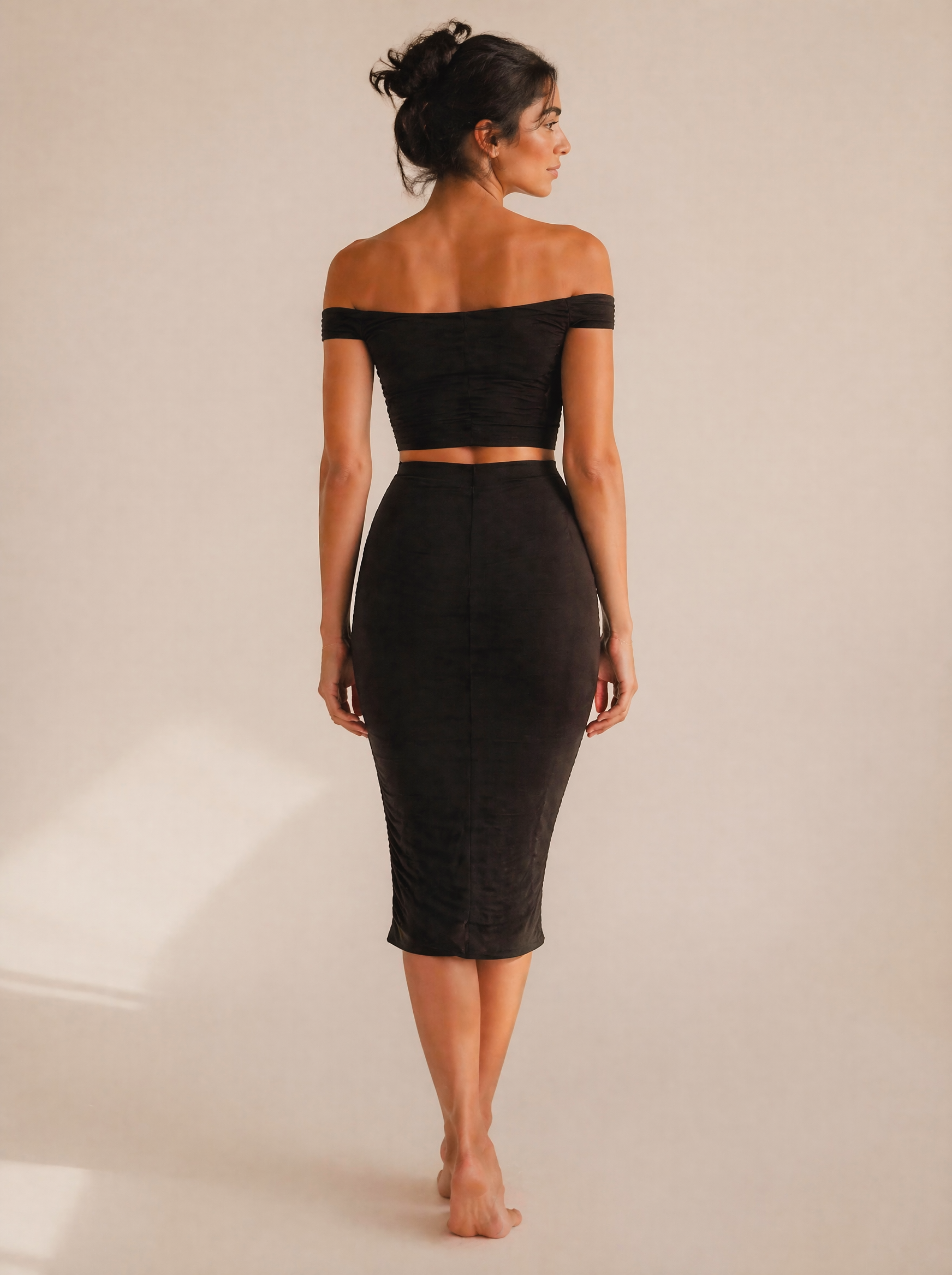 Off-Shoulder Ruched Crop Top & Midi Skirt Set in Black — Back view