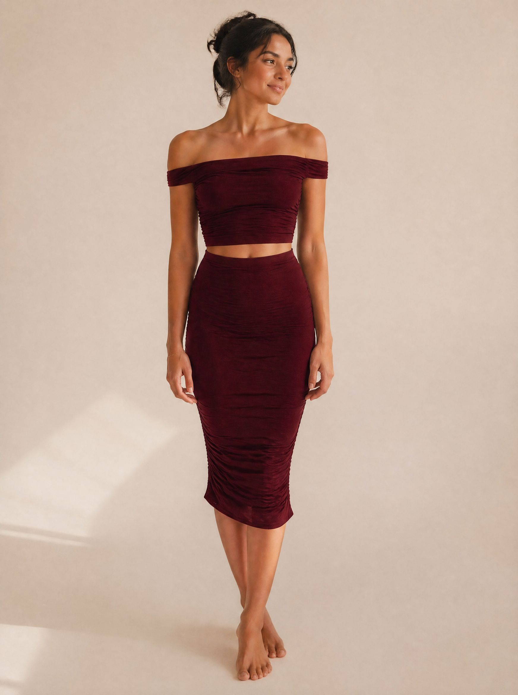 Off-Shoulder Ruched Crop Top & Midi Skirt Set in Burgundy — Front view