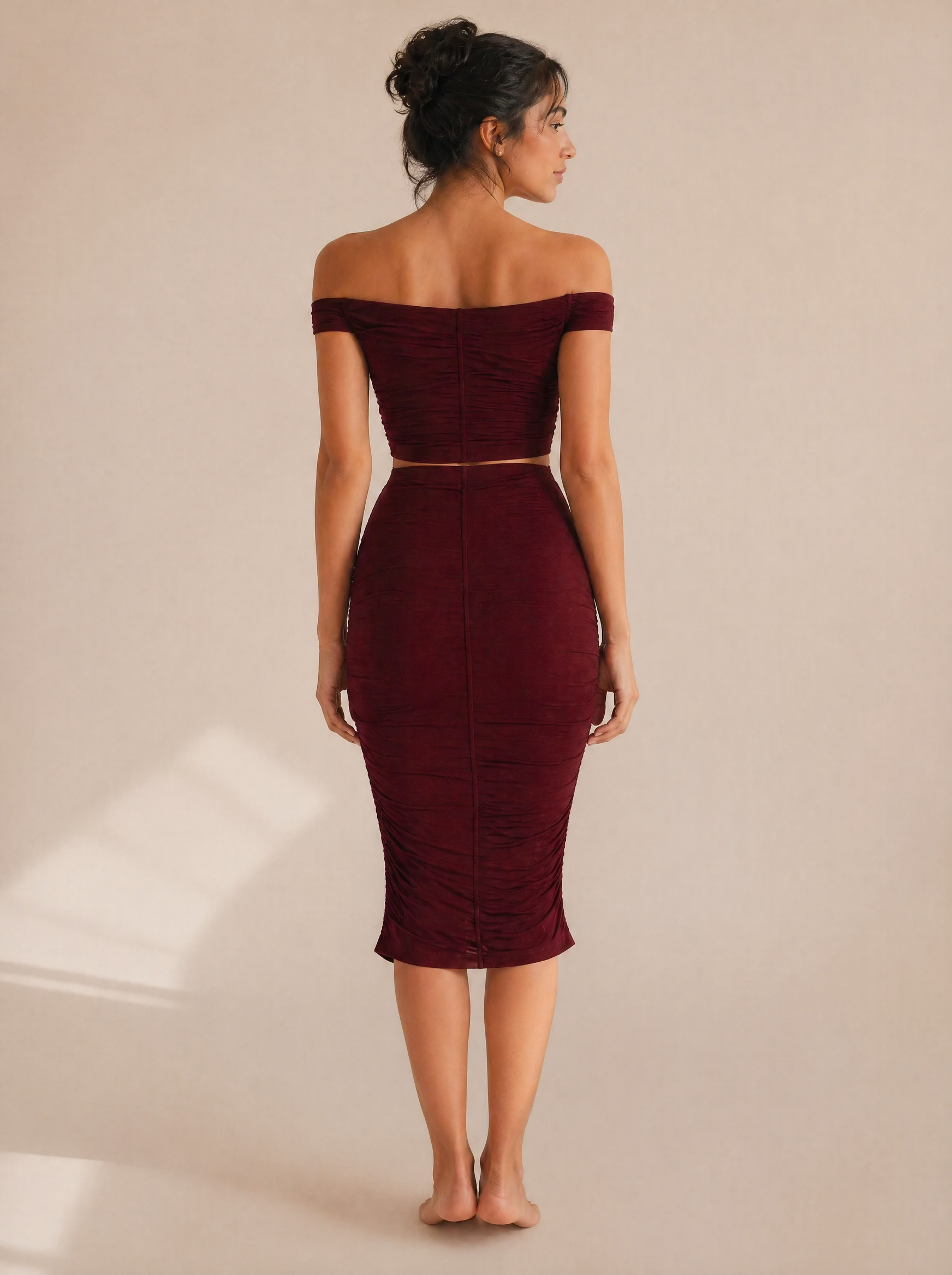 Off-Shoulder Ruched Crop Top & Midi Skirt Set in Burgundy — Back view