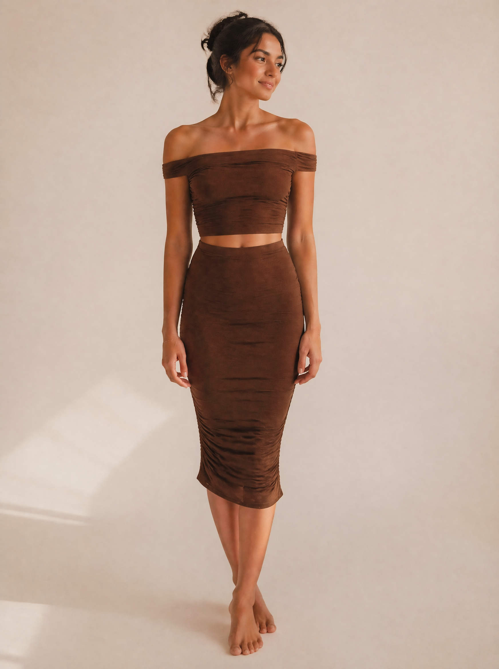 Off-Shoulder Ruched Crop Top & Midi Skirt Set in Chocolate Brown — Front view