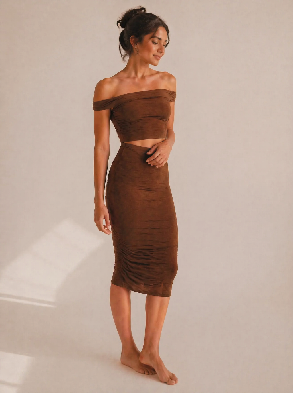 Off-Shoulder Ruched Crop Top & Midi Skirt Set in Chocolate Brown — 3/4 angle view