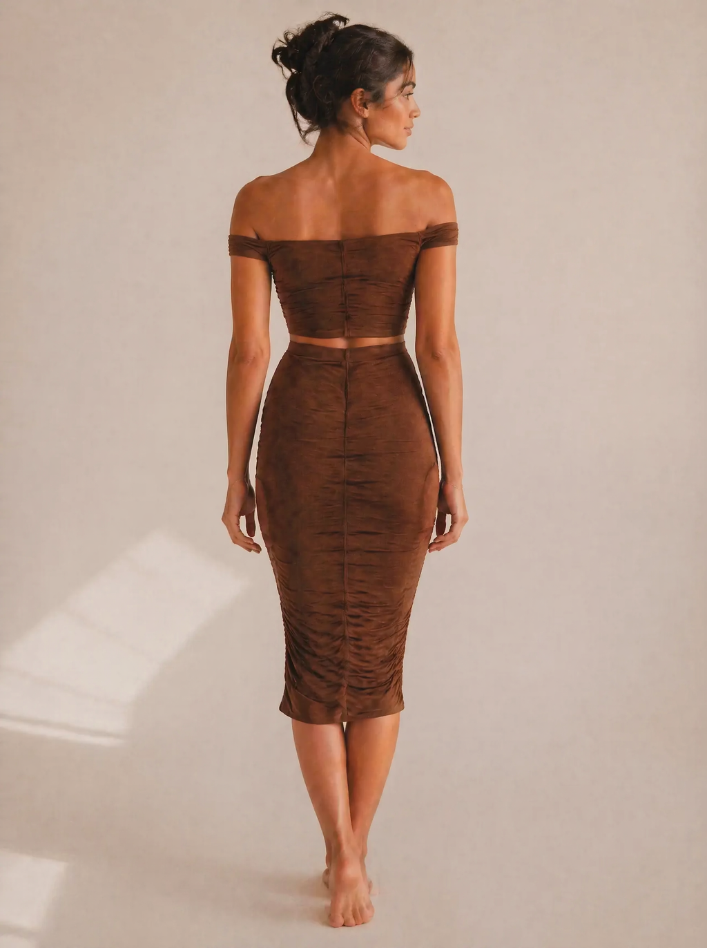 Off-Shoulder Ruched Crop Top & Midi Skirt Set in Chocolate Brown — Back view