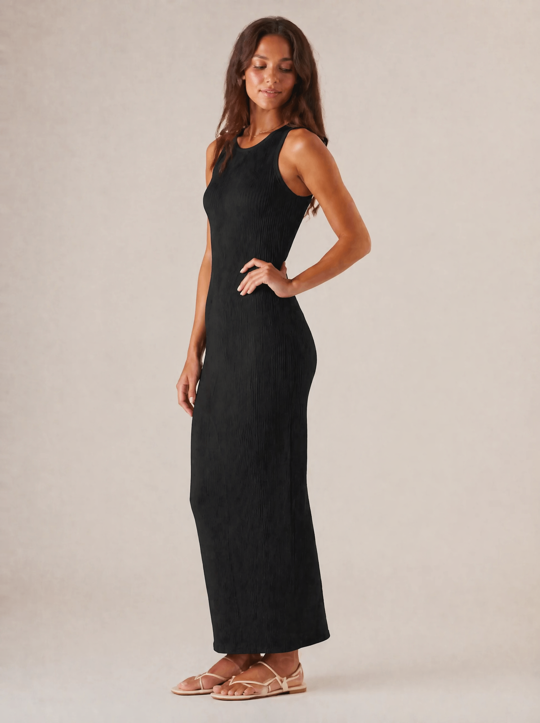 Ribbed Knit Maxi Dress in Black — 3/4 angle view
