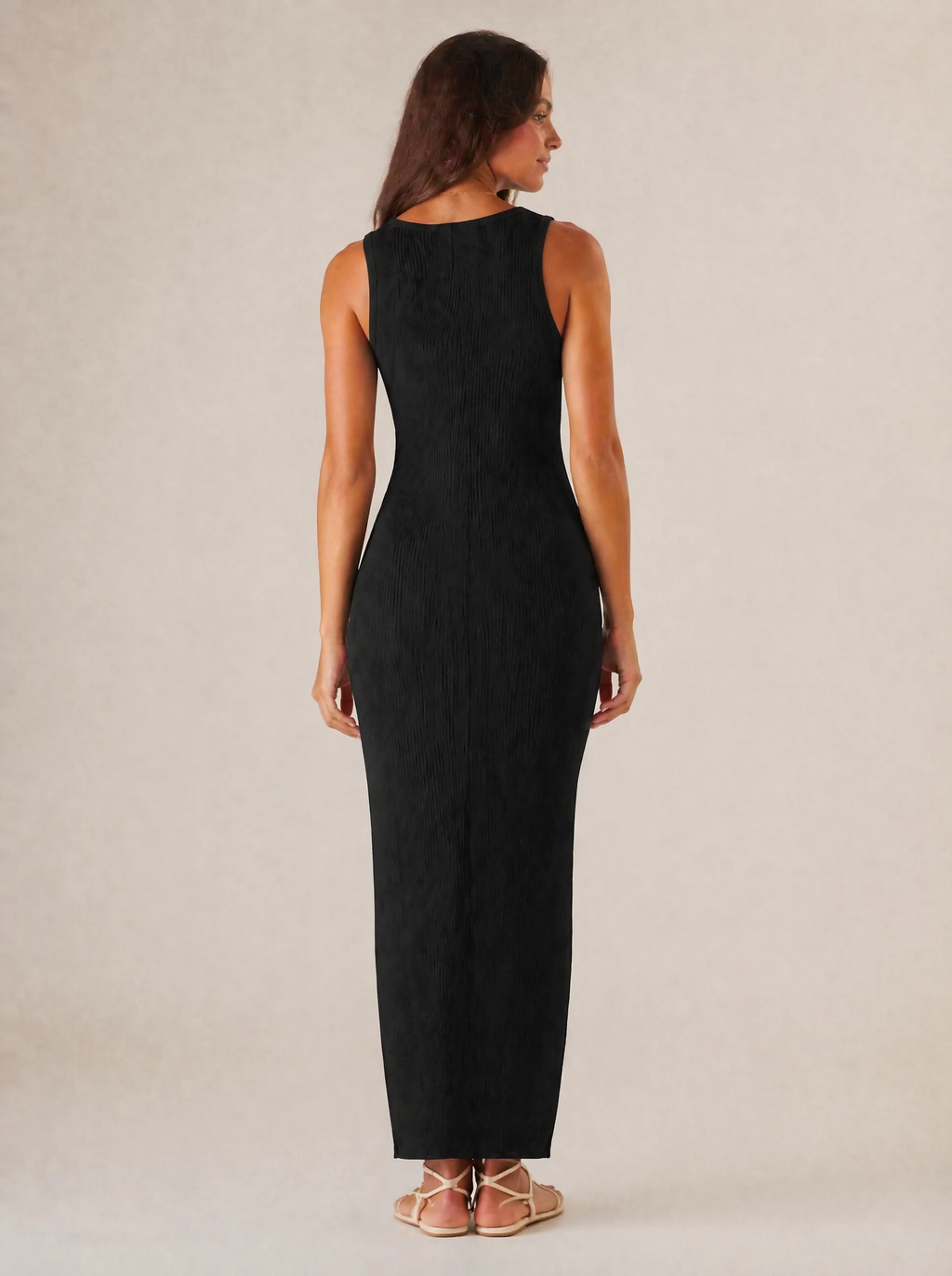 Ribbed Knit Maxi Dress in Black — Back view