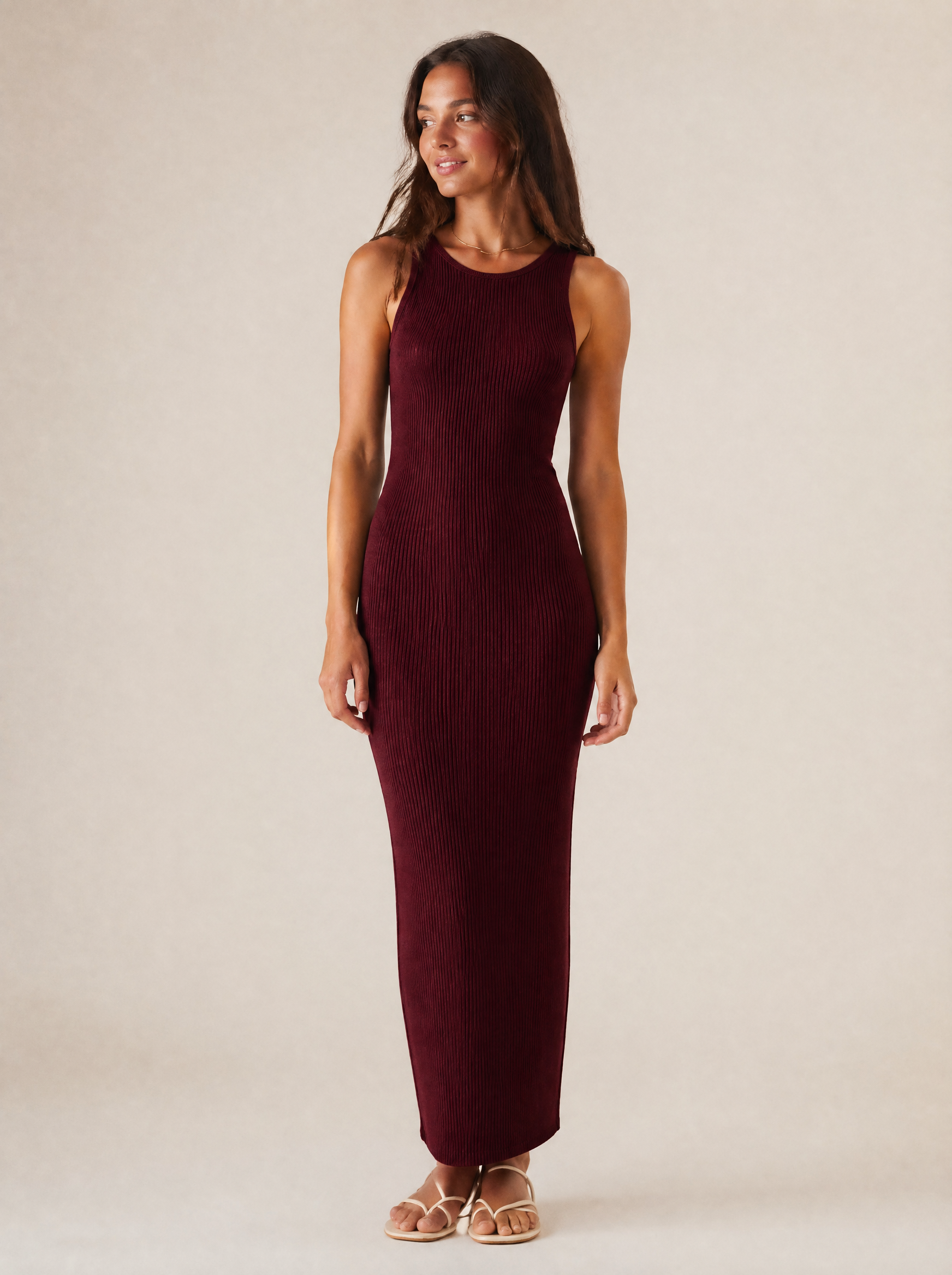 Ribbed Knit Maxi Dress in Burgundy — Front view