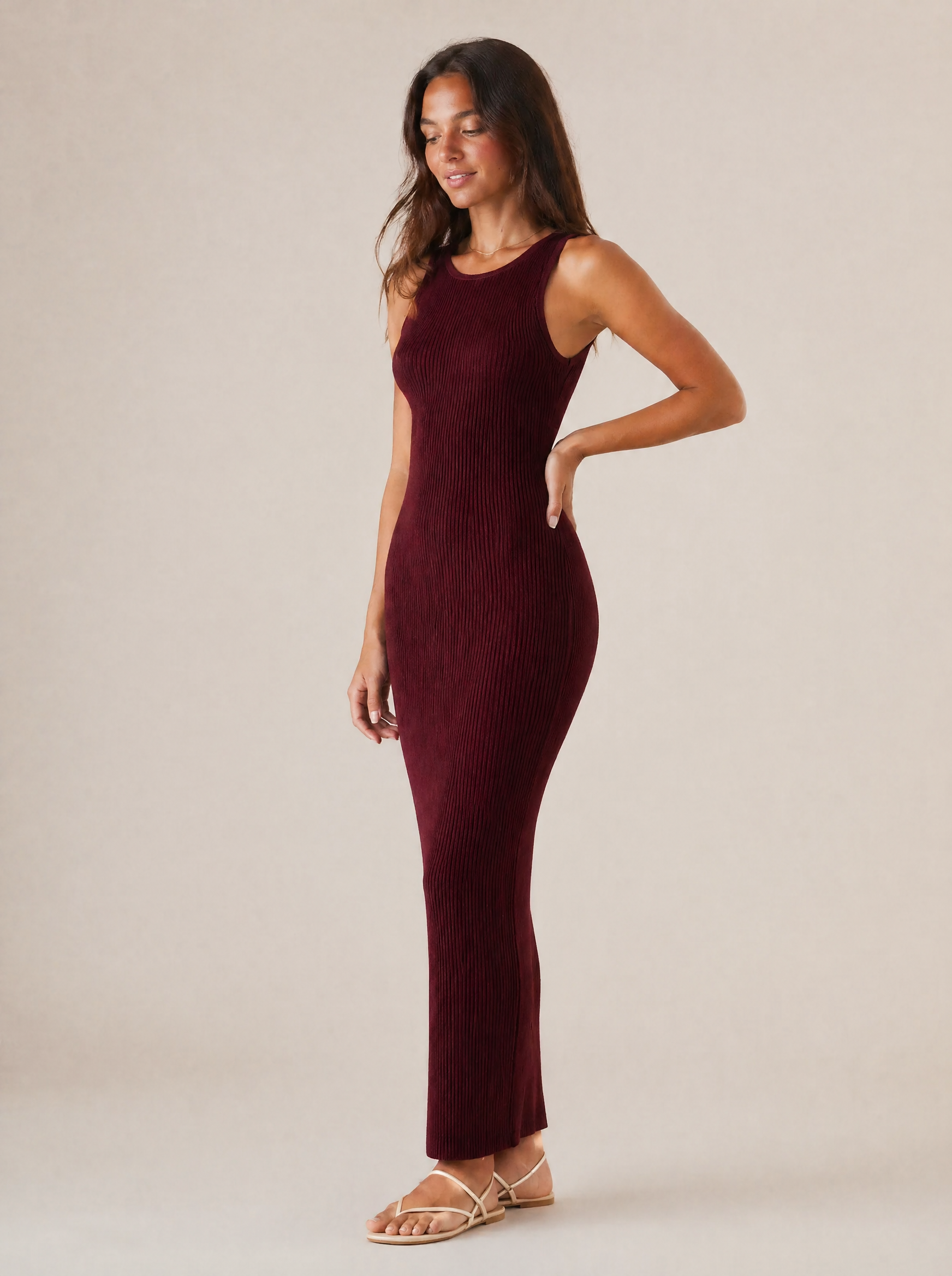 Ribbed Knit Maxi Dress in Burgundy — 3/4 angle view