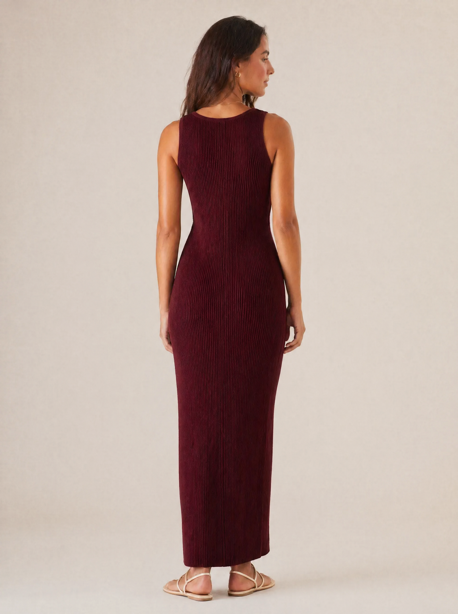 Ribbed Knit Maxi Dress in Burgundy — Back view