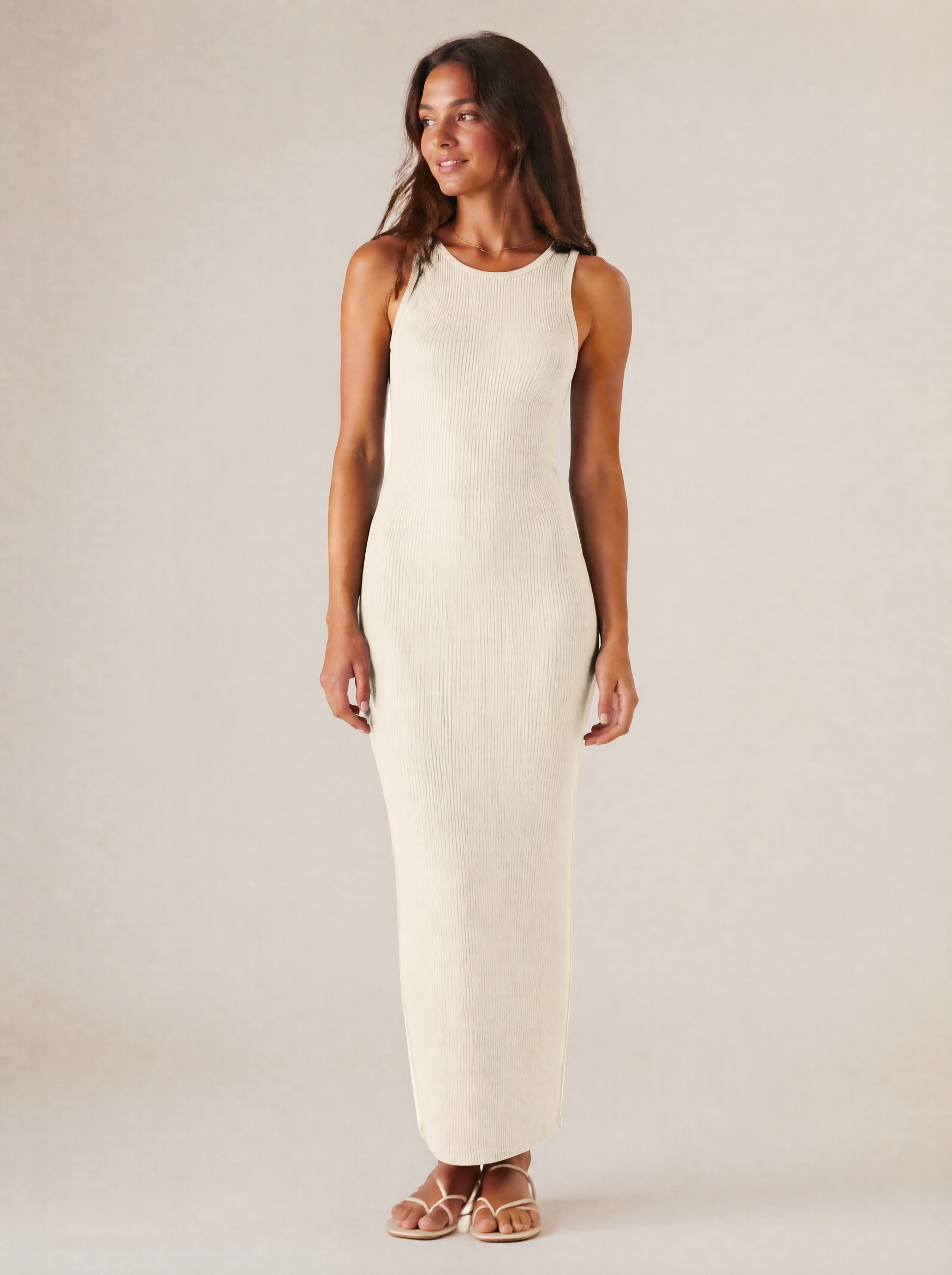 Ribbed Knit Maxi Dress in Cream — Front view